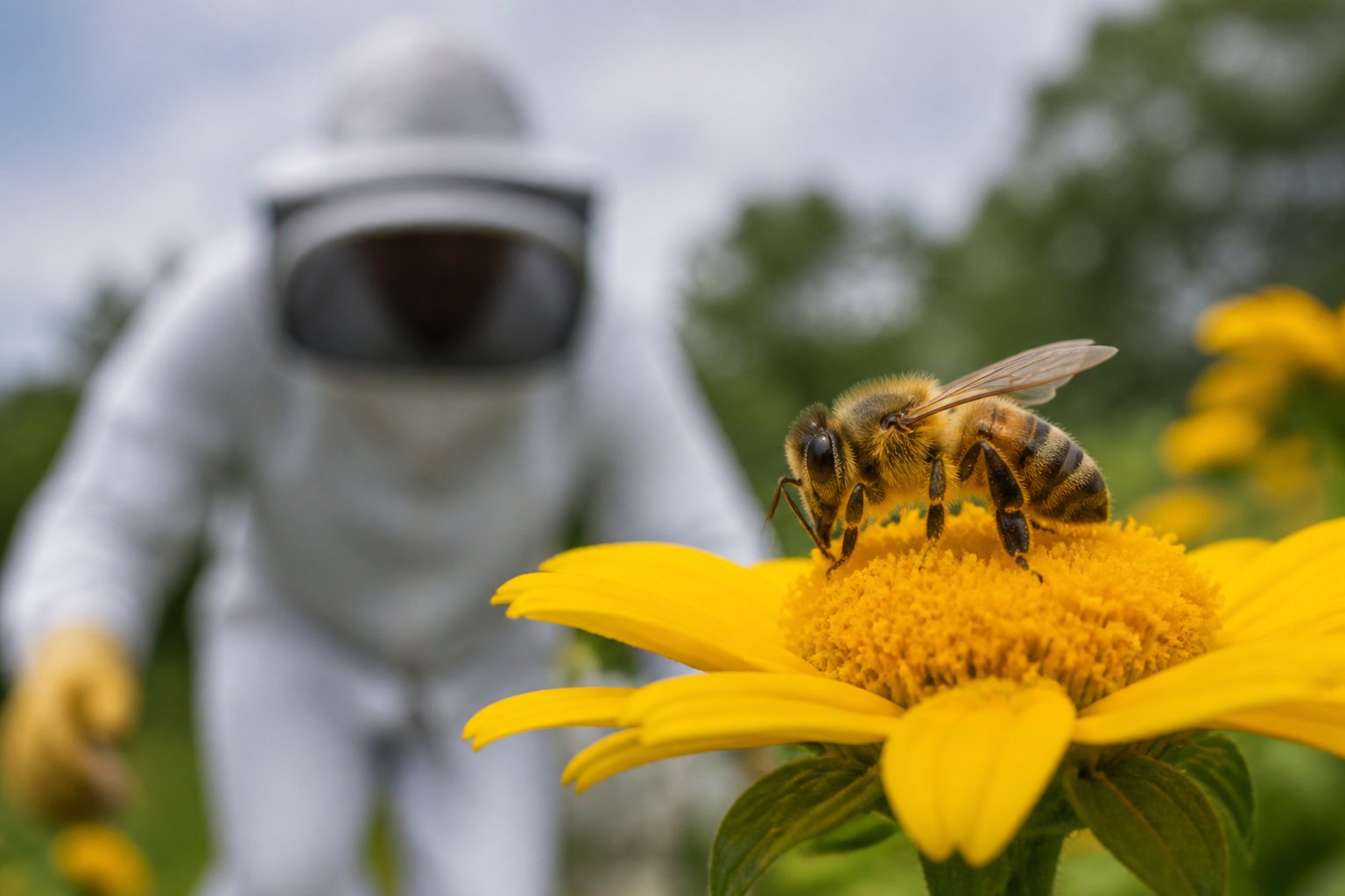 A honeybee on a yellow flower with a beekeeper in protective gear approaching in the background.