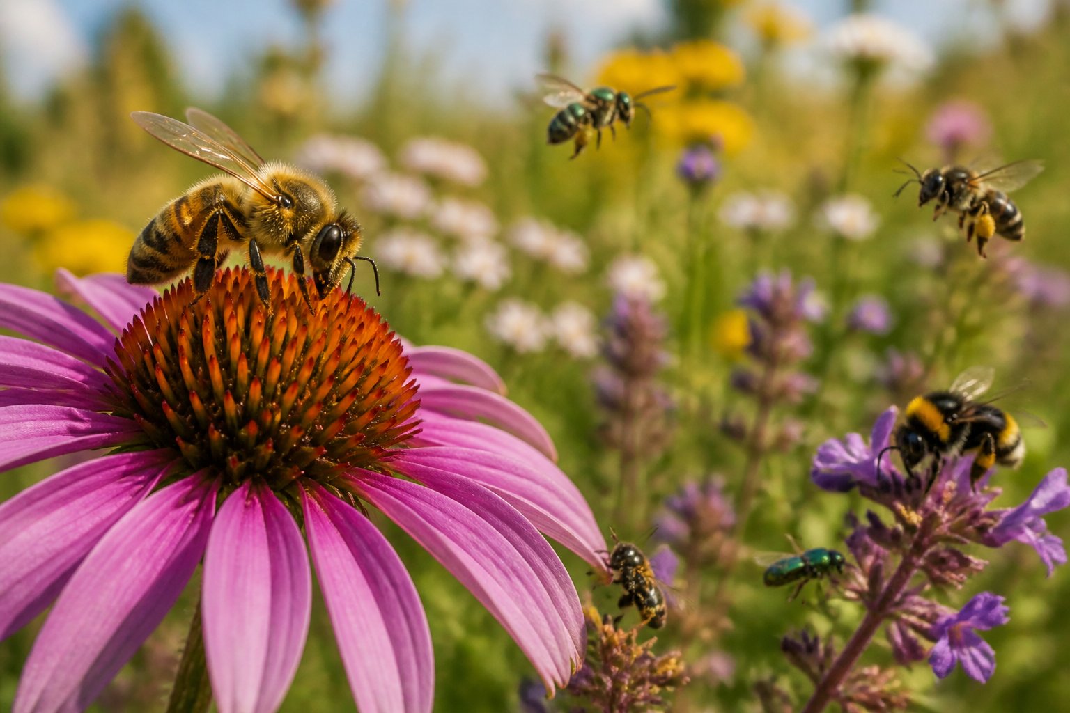 Close-up of a honeybee on a flower with various wild bees flying nearby in a meadow filled with colorful wildflowers.