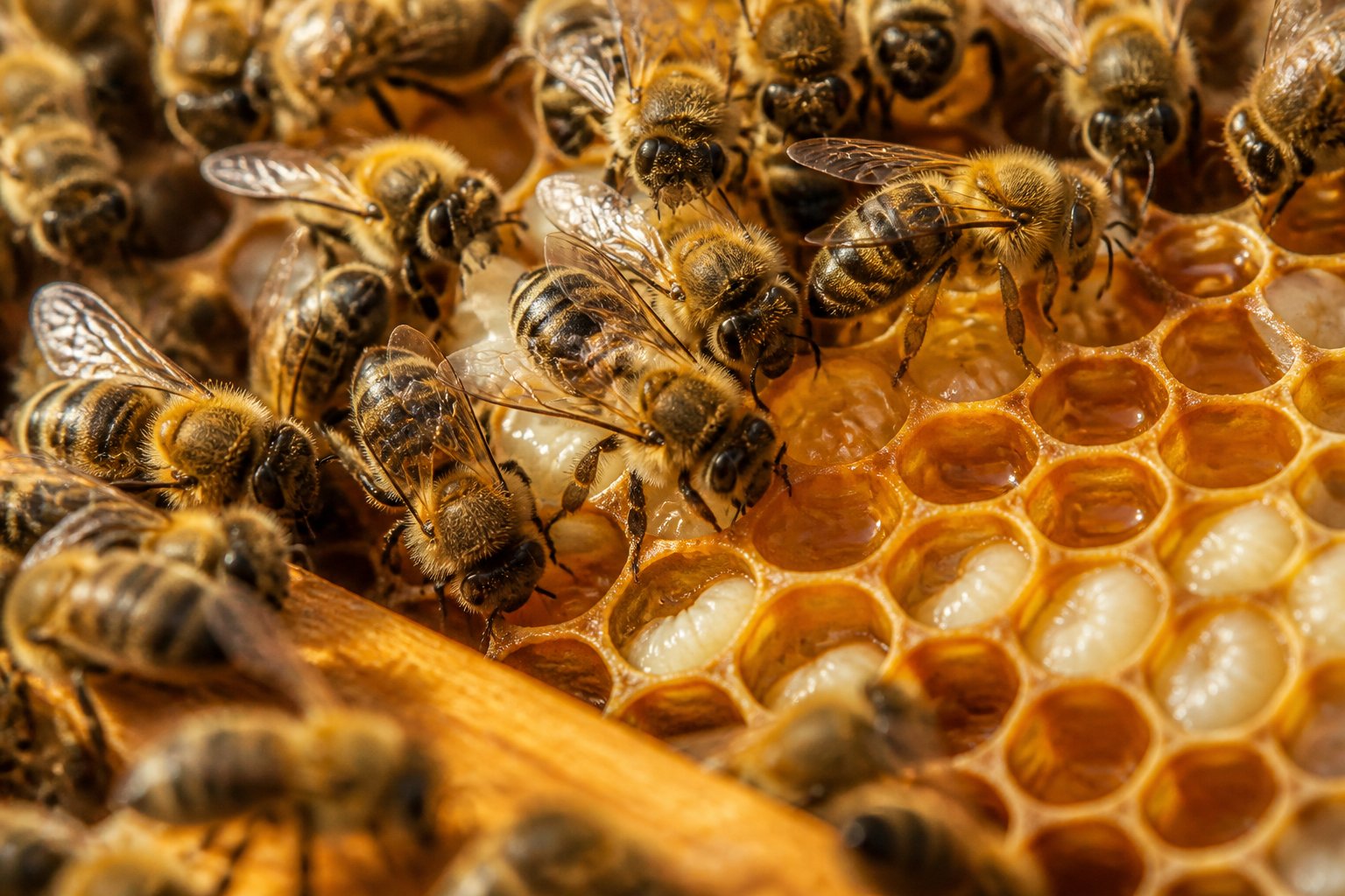 Close-up of honeybees working inside a hive with honey-filled honeycomb cells.