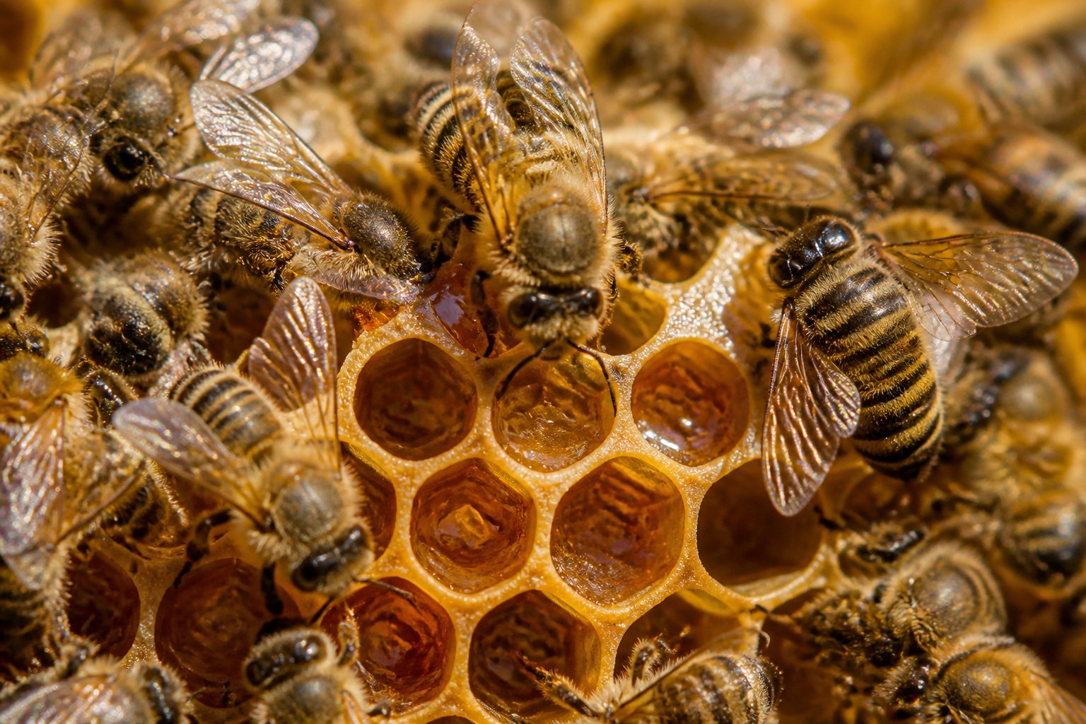 Close-up view of honeybees working inside a hive with honey-filled honeycomb cells.
