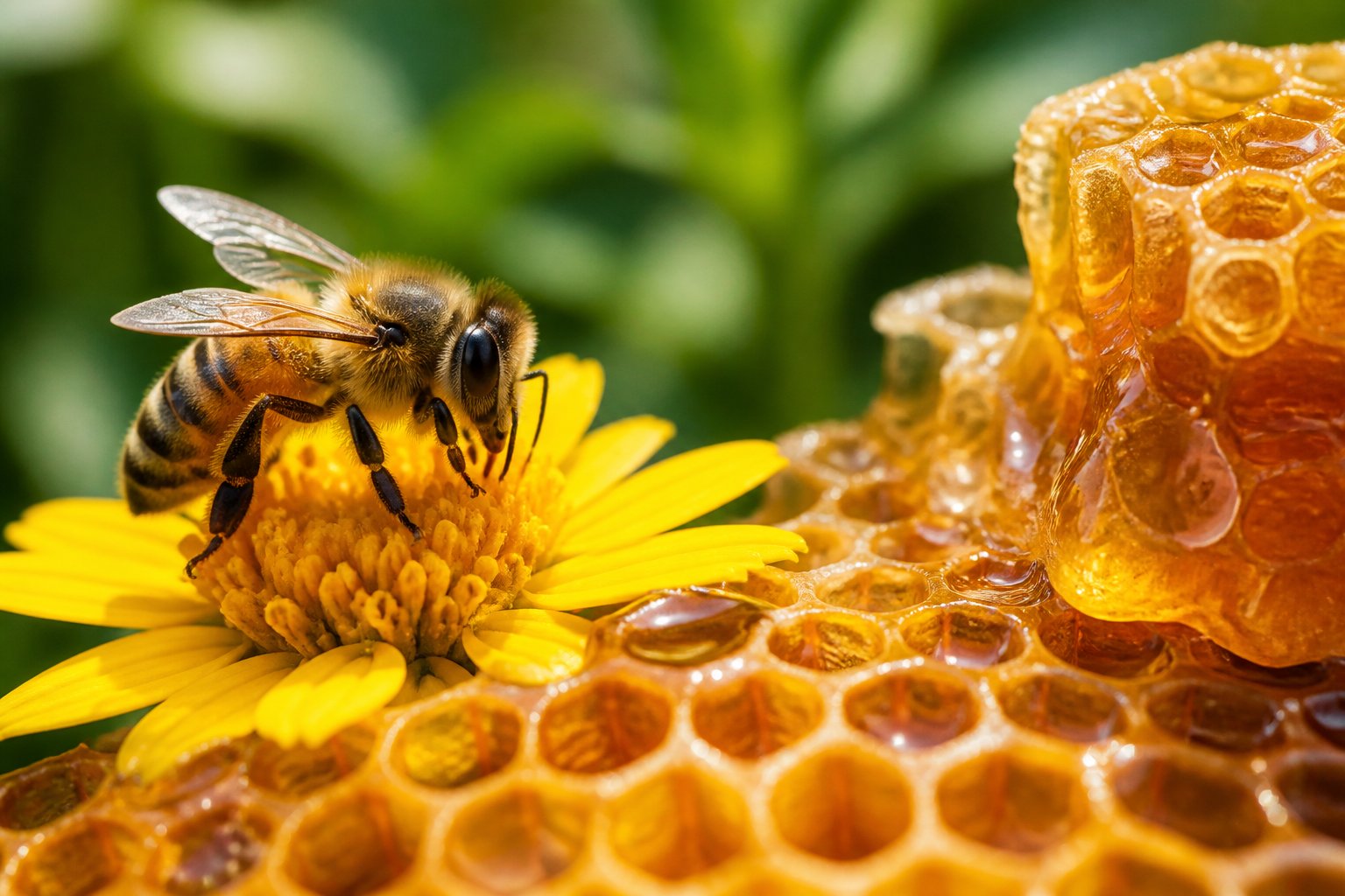 A honeybee collecting nectar on a yellow flower next to honey-filled honeycomb structures.