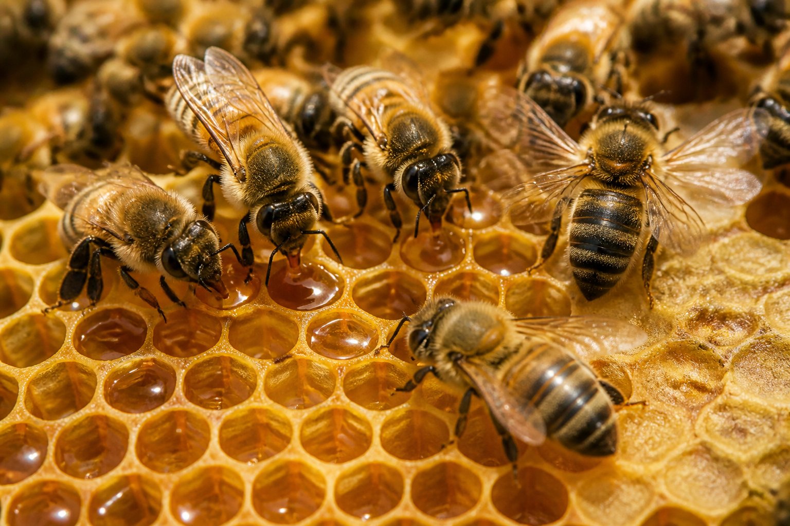 Bees working inside a honeycomb, turning nectar into stored honey.