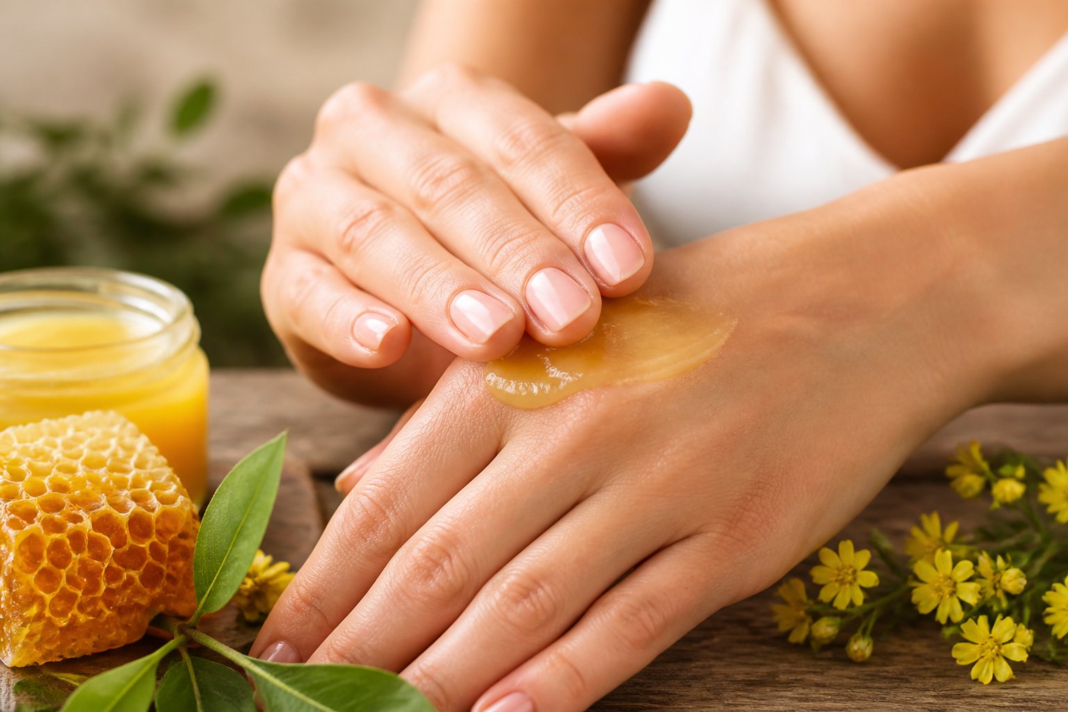 Close-up of hands applying golden beeswax balm to skin with honeycomb and green leaves nearby.