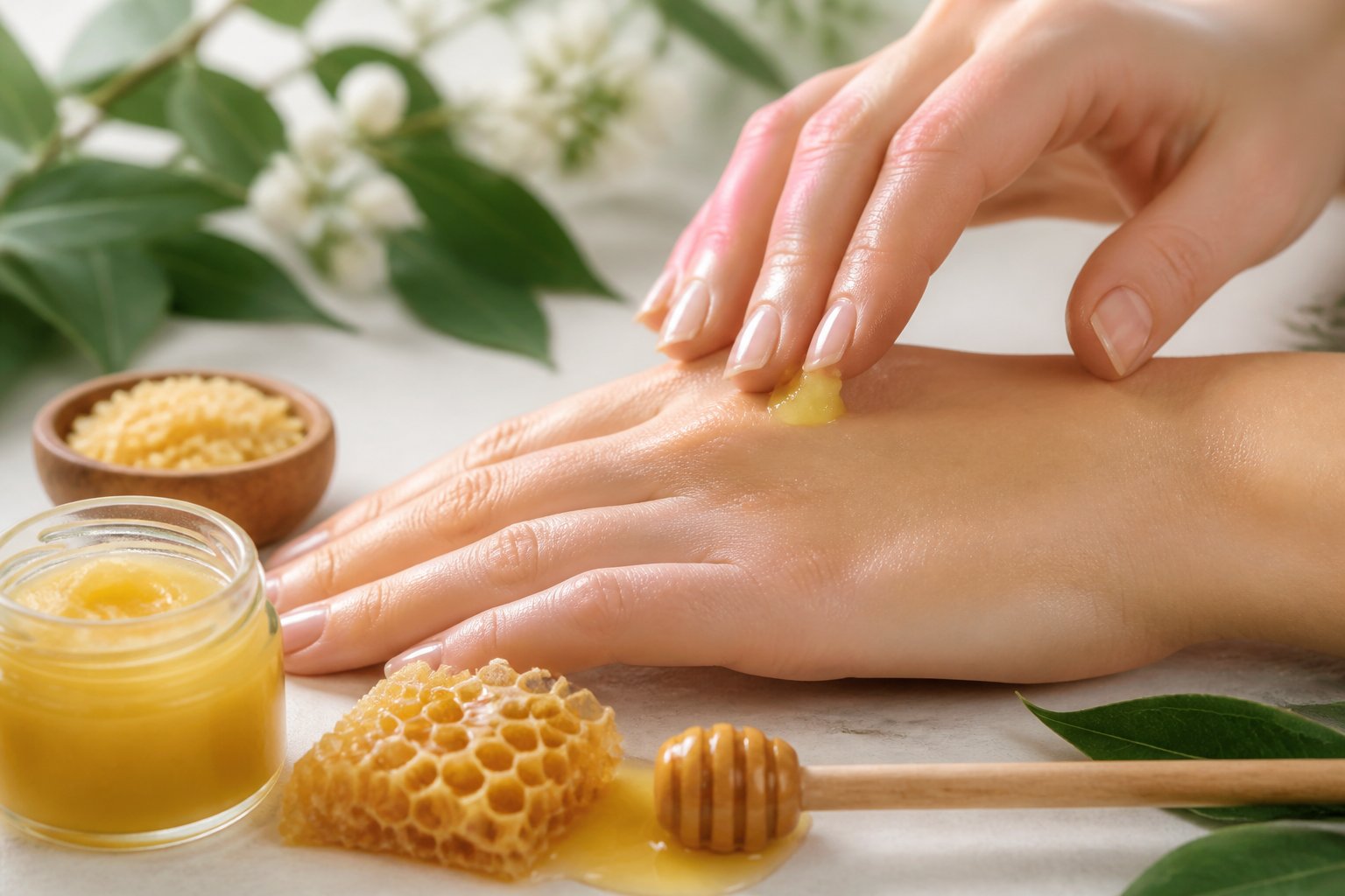 A close-up of a person applying golden beeswax balm onto their hand surrounded by honeycomb, green leaves, and a honey dipper.