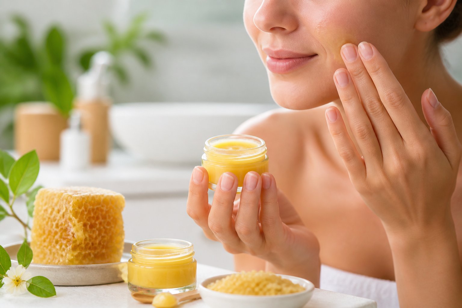 Close-up of hands applying beeswax balm to skin with honeycomb and green leaves nearby on a light surface.