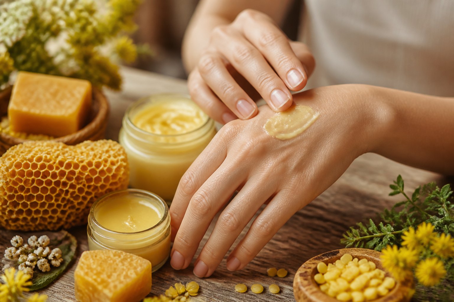 Close-up of hands applying beeswax cream surrounded by honeycomb and beeswax skincare products.
