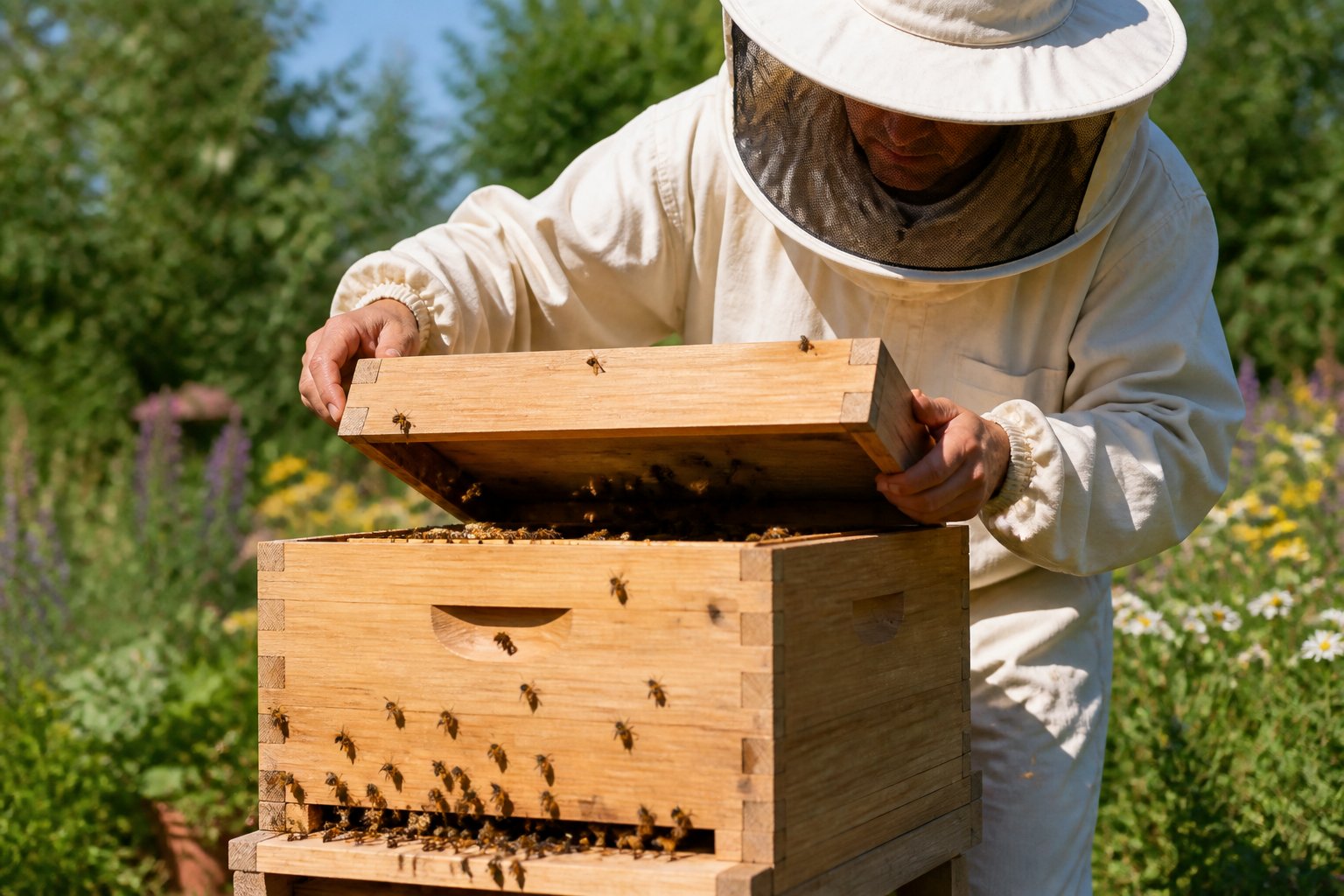 A beekeeper in protective clothing inspecting a newly arrived beehive outdoors surrounded by flowering plants and bees.