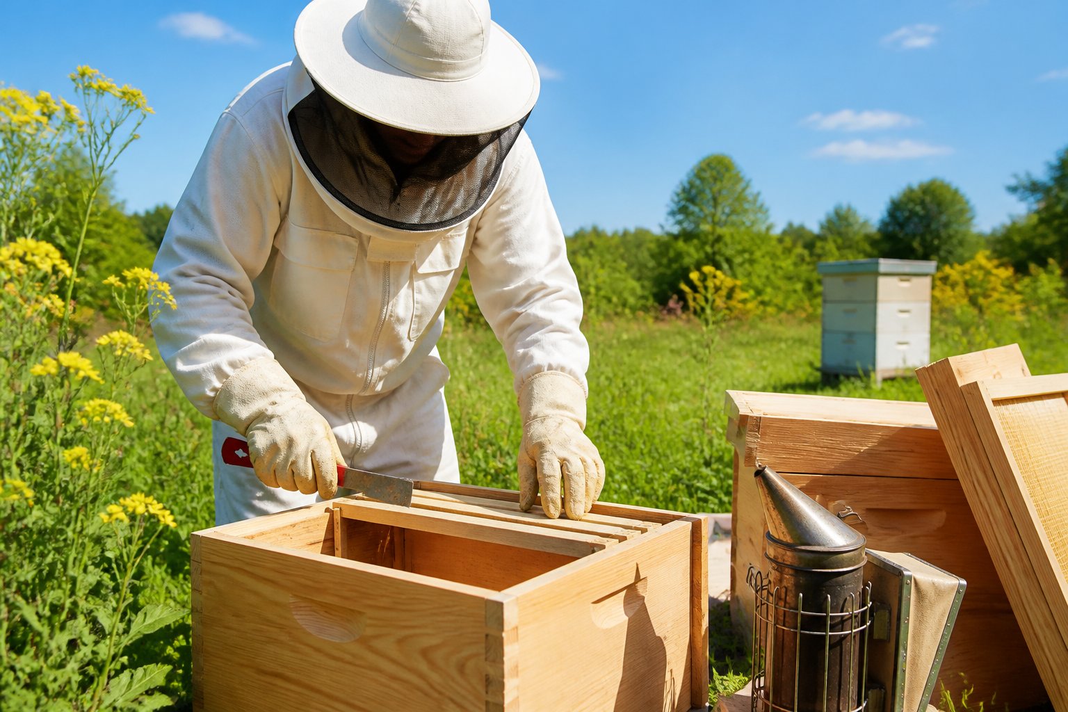 A beekeeper in protective gear assembling a wooden beehive outdoors surrounded by grass and flowers.