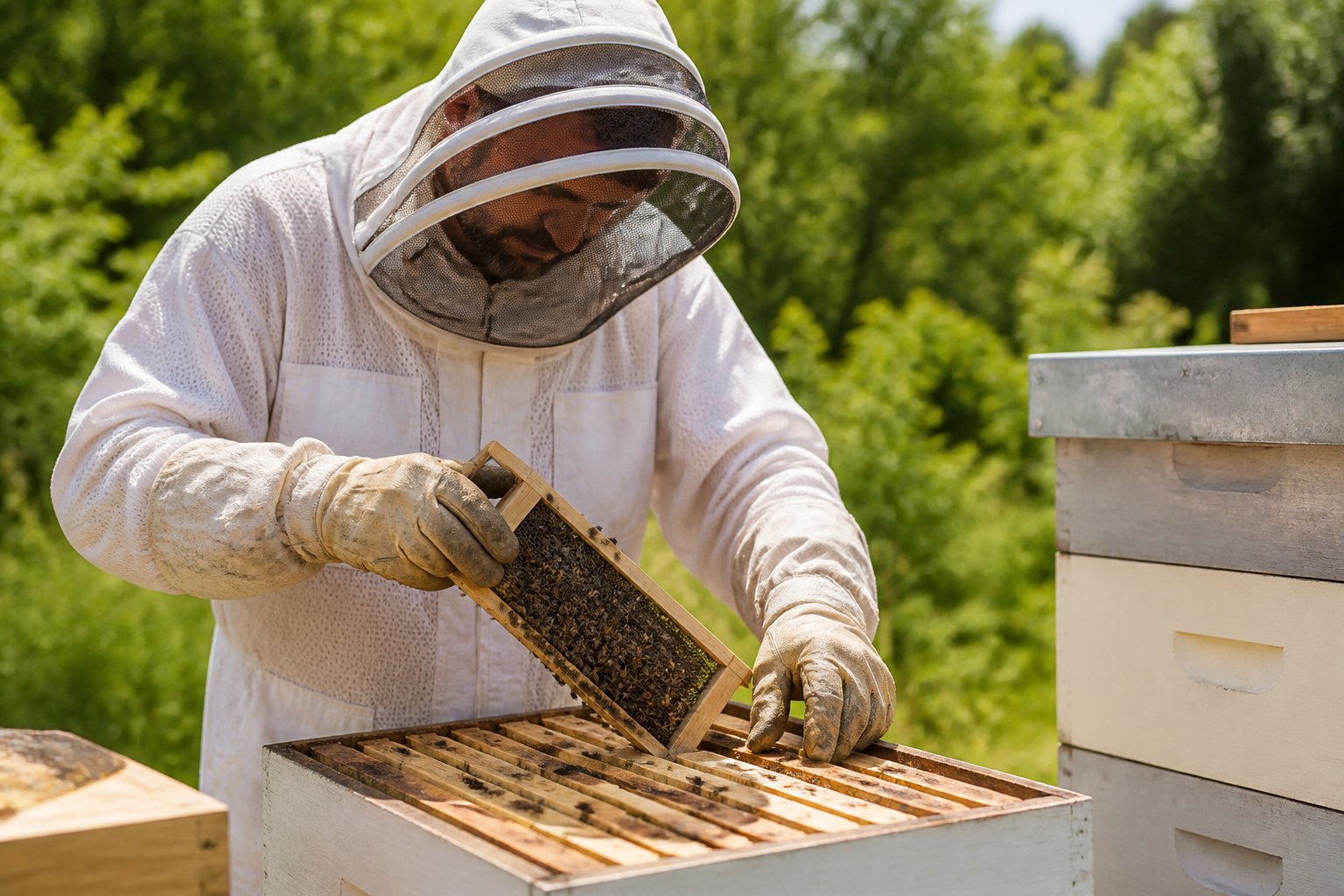 A beekeeper in protective gear carefully installing bees into a wooden hive outdoors.