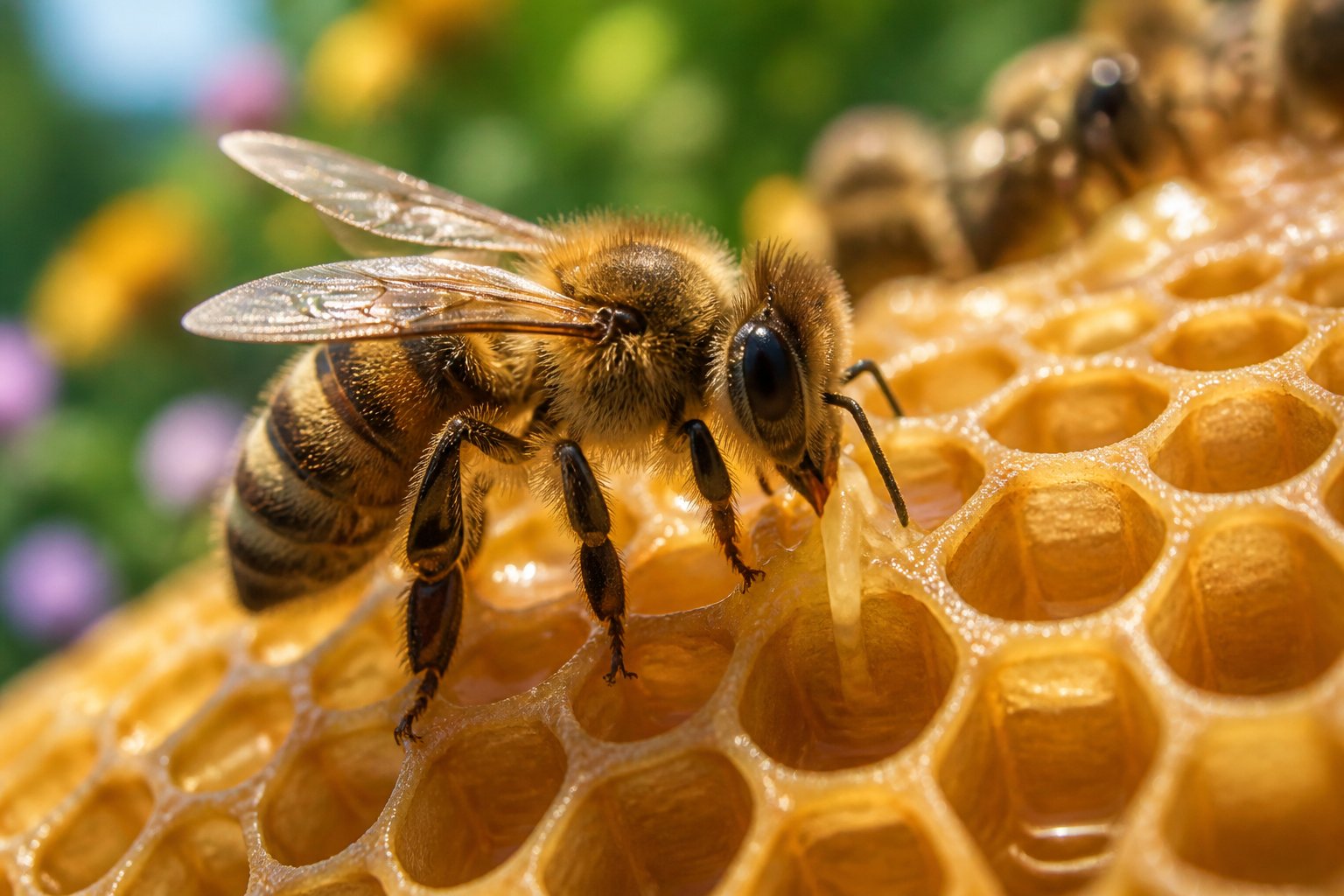 A honeybee on a honeycomb producing beeswax with a natural green background.