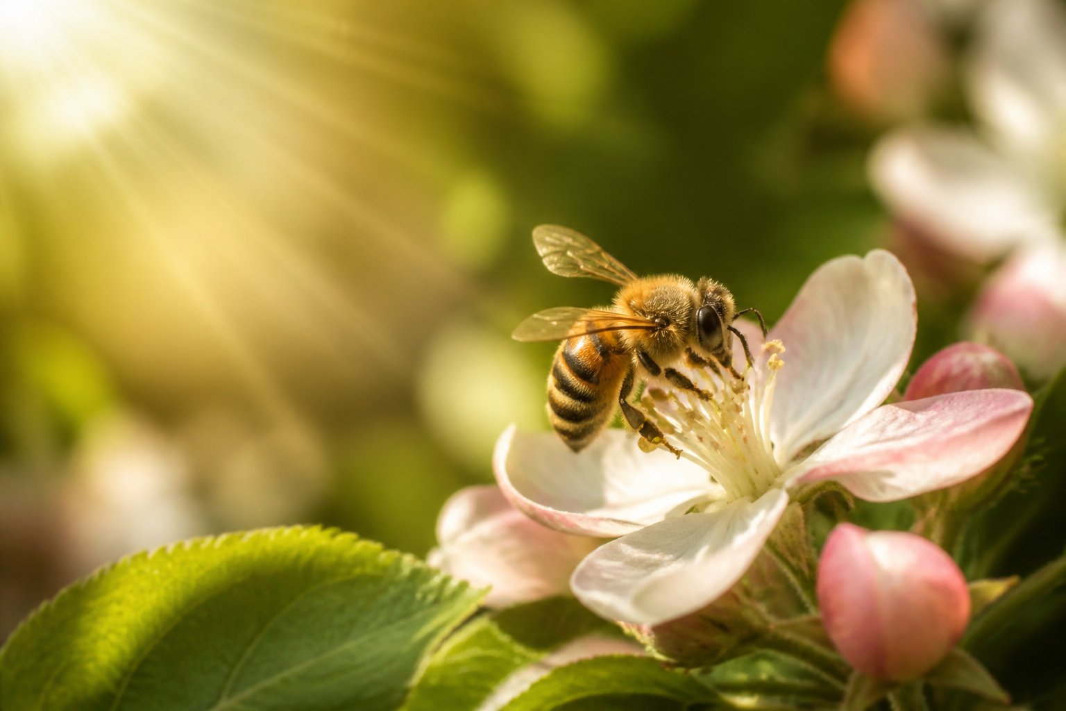 A close-up of a honeybee on a flower surrounded by green leaves with sunlight filtering through.