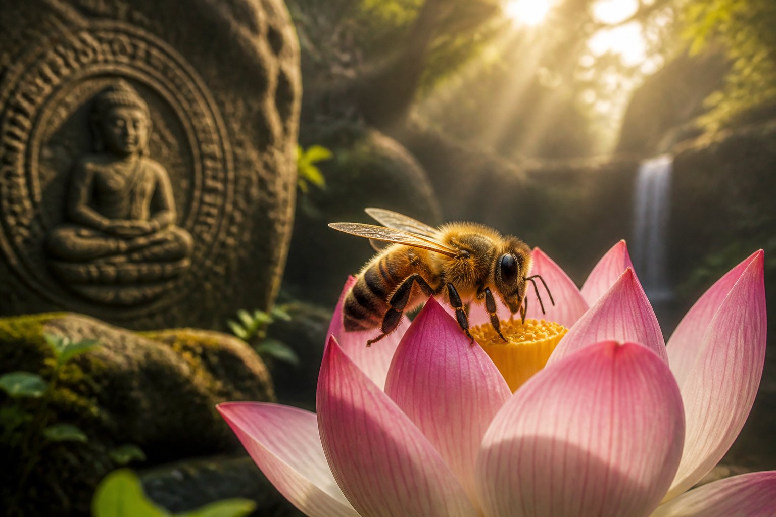 A honeybee resting on a flower surrounded by greenery with soft sunlight and subtle spiritual symbols in the background.