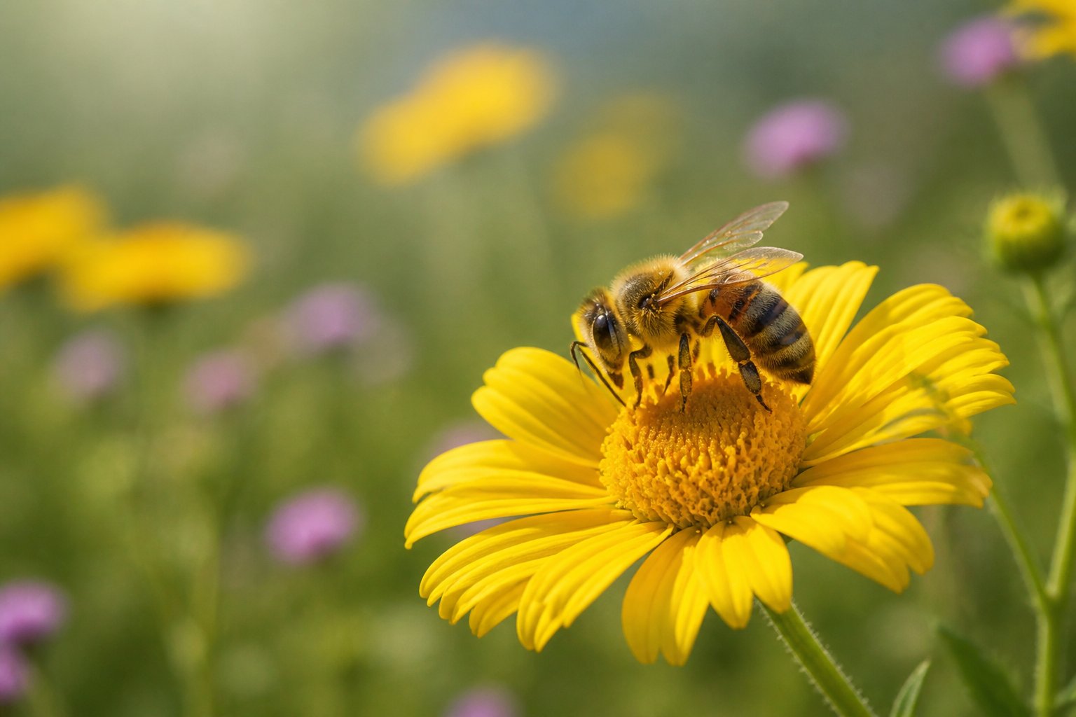 A close-up of a bee on a yellow flower in a sunlit meadow with blurred green foliage in the background.