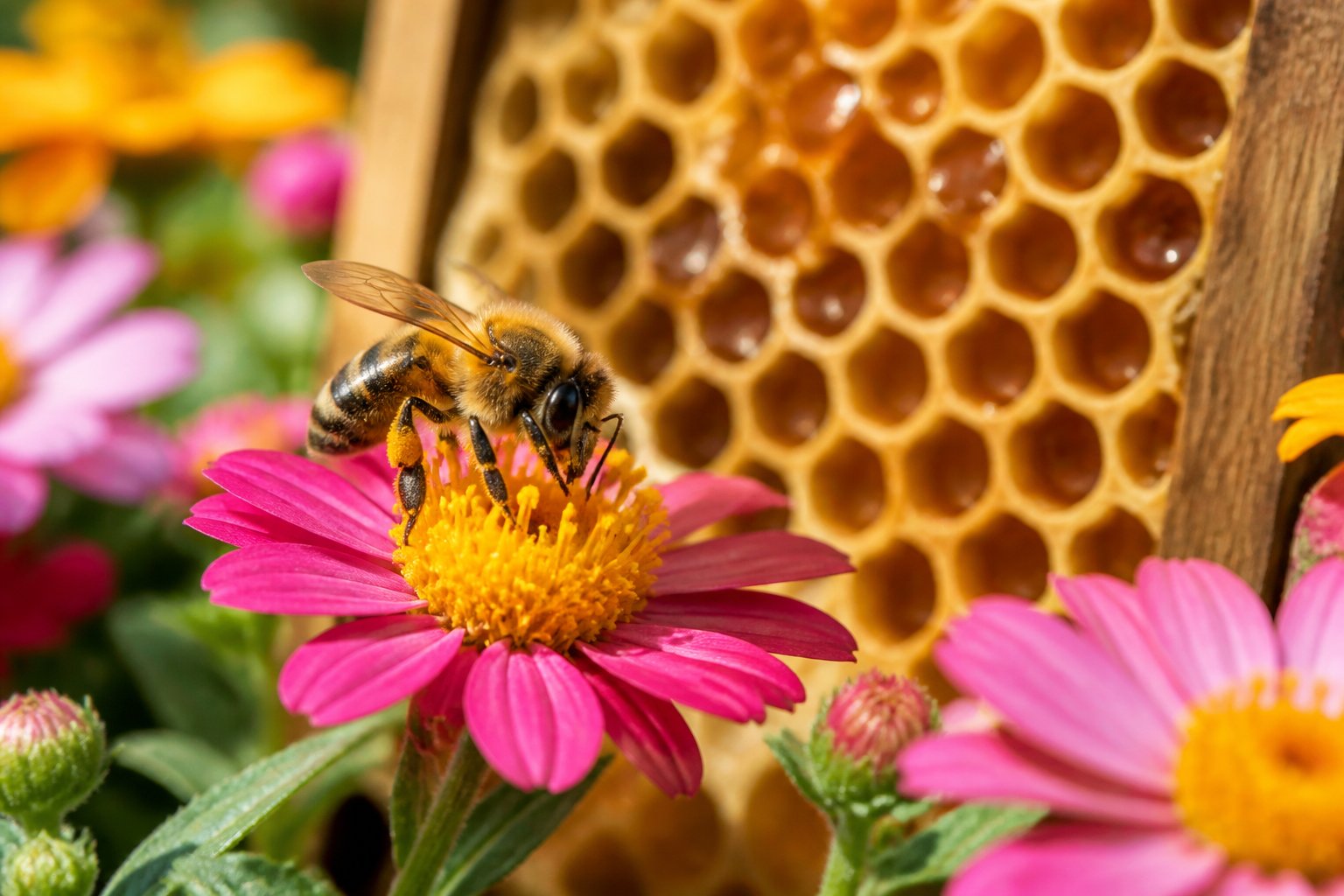 A honeybee collecting nectar from a flower near a wooden beehive with honeycomb cells filled with honey.