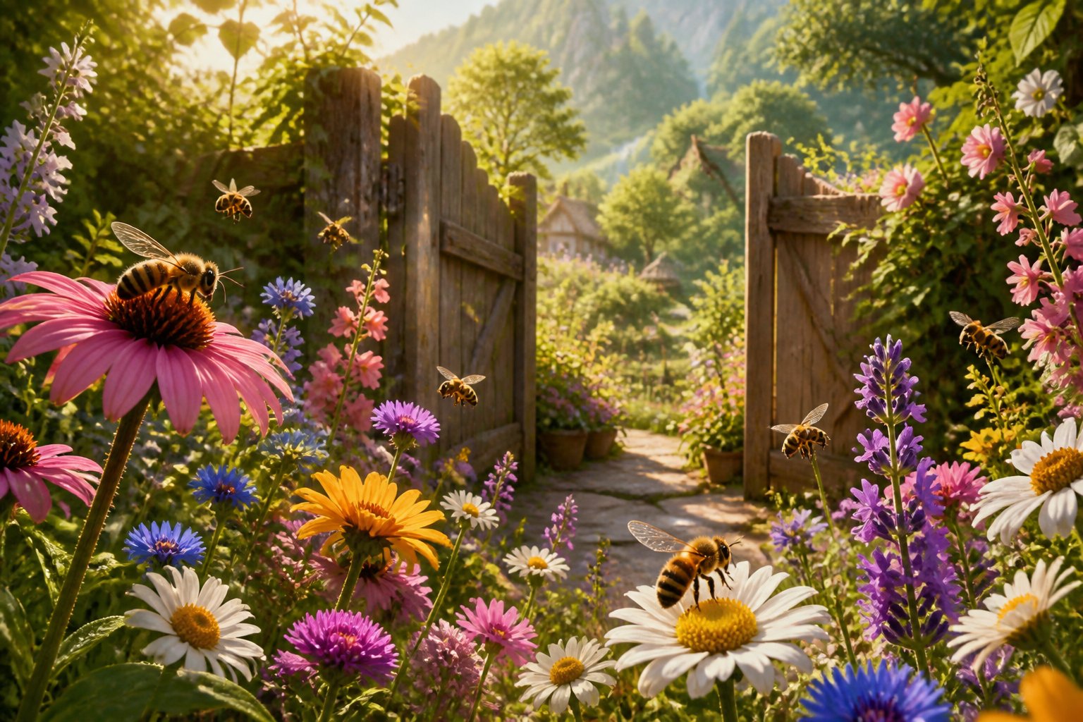 A sunlit garden entrance with blooming flowers and bees collecting nectar near a rustic wooden gate.