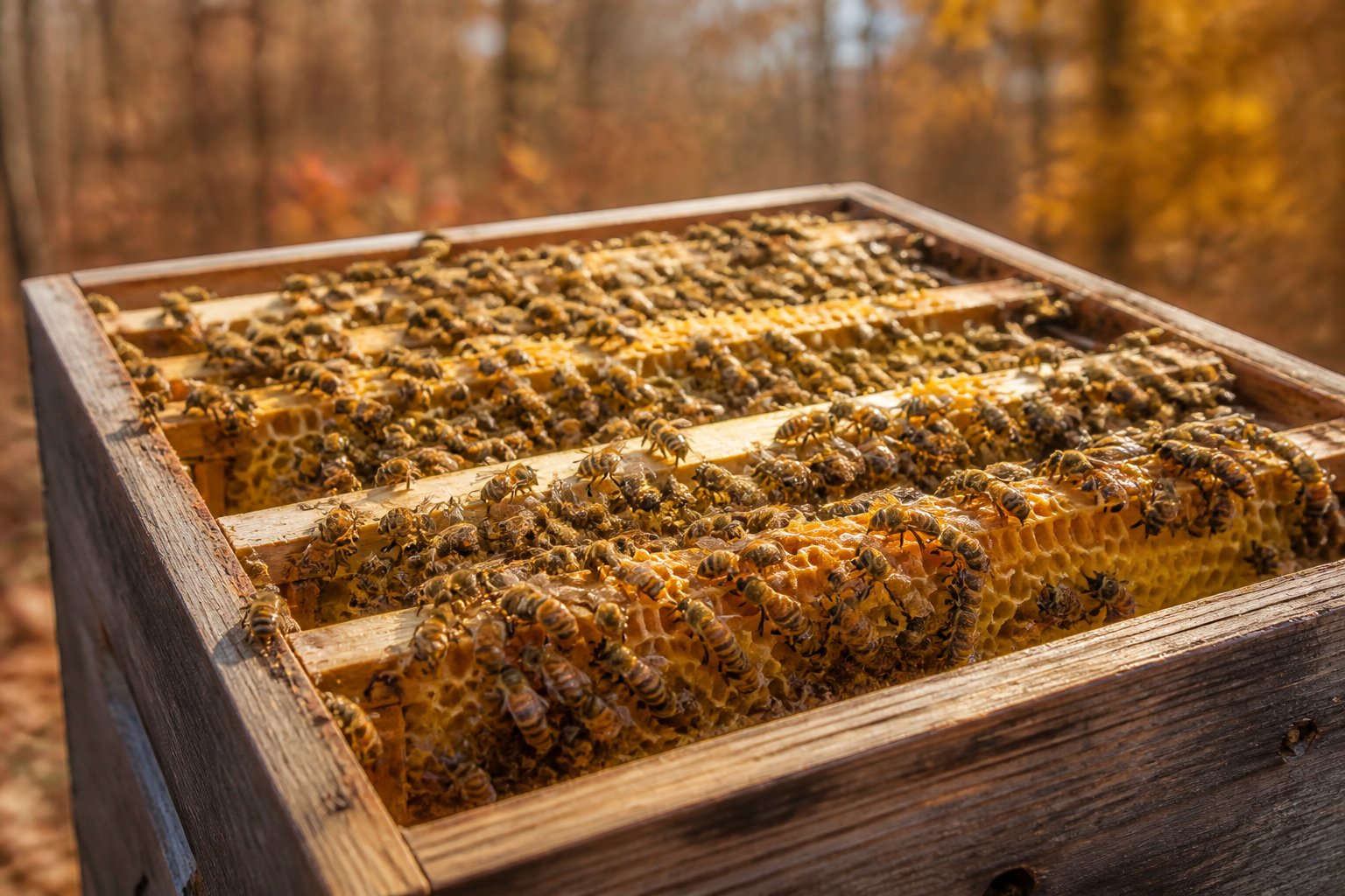 Close-up of bees clustered on honeycomb inside a beehive preparing for winter with honey and pollen stores visible.