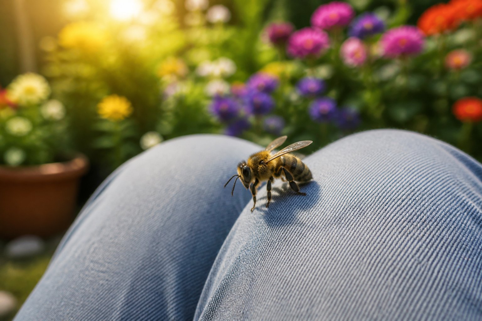 A close-up of a honeybee resting on a person's knee in a sunlit garden with flowers.