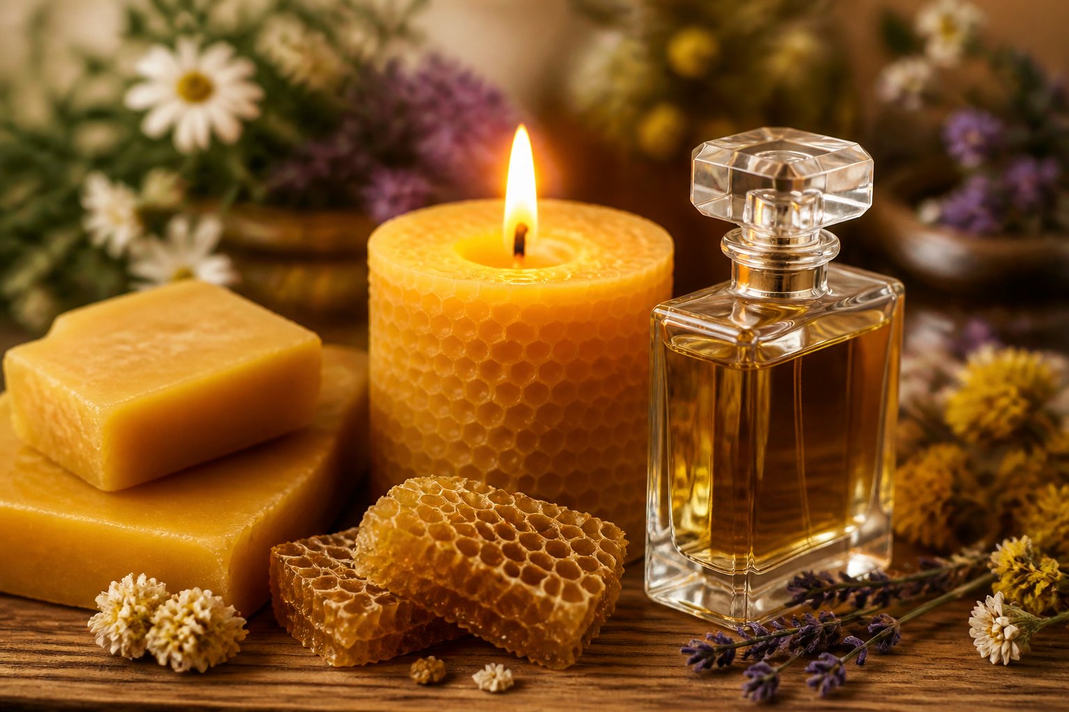 A beeswax candle burning next to raw beeswax blocks and a perfume bottle on a wooden surface with flowers in the background.