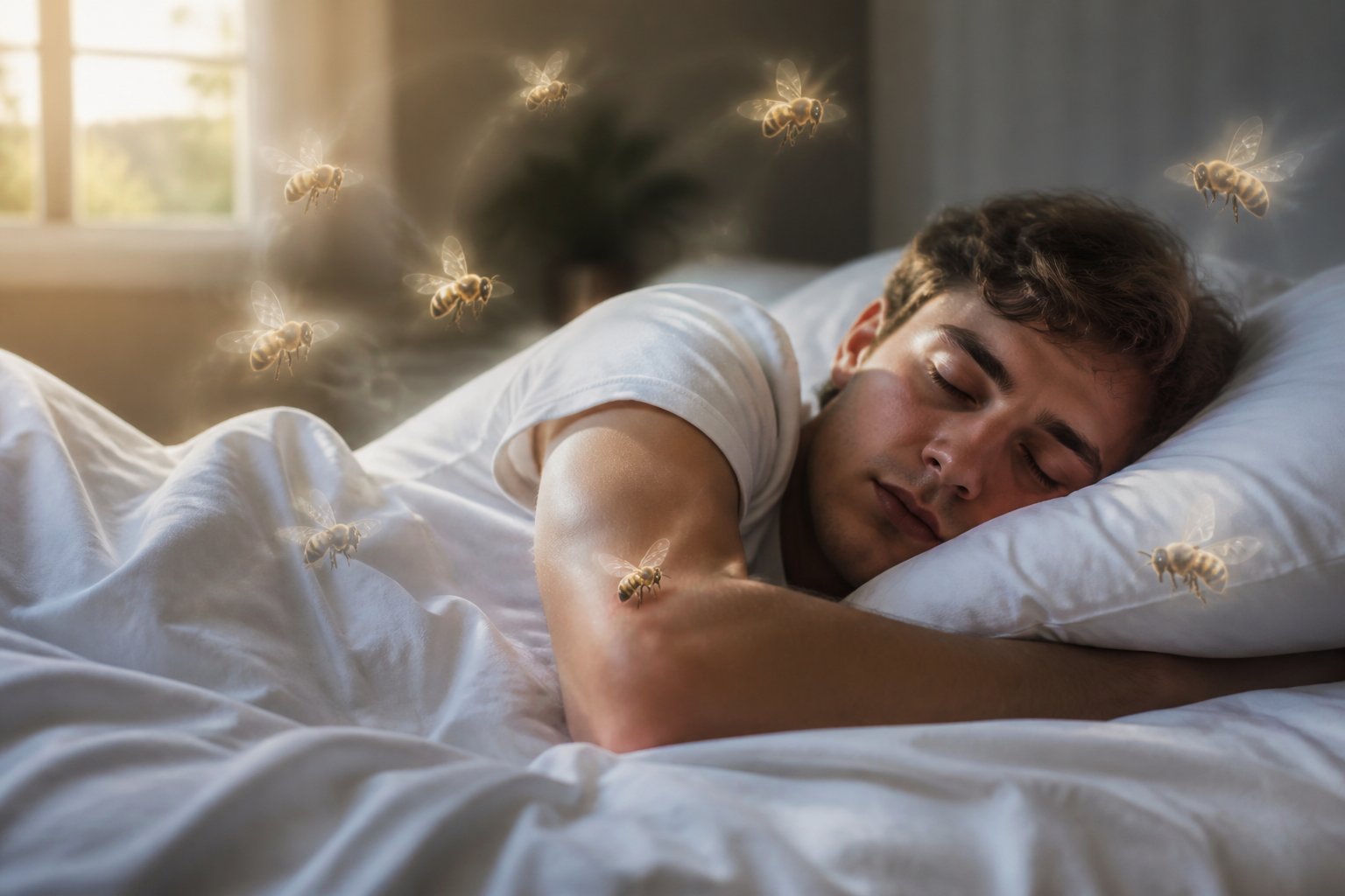 A person sleeping peacefully in bed with faint images of bees around them, one appearing to sting their arm.