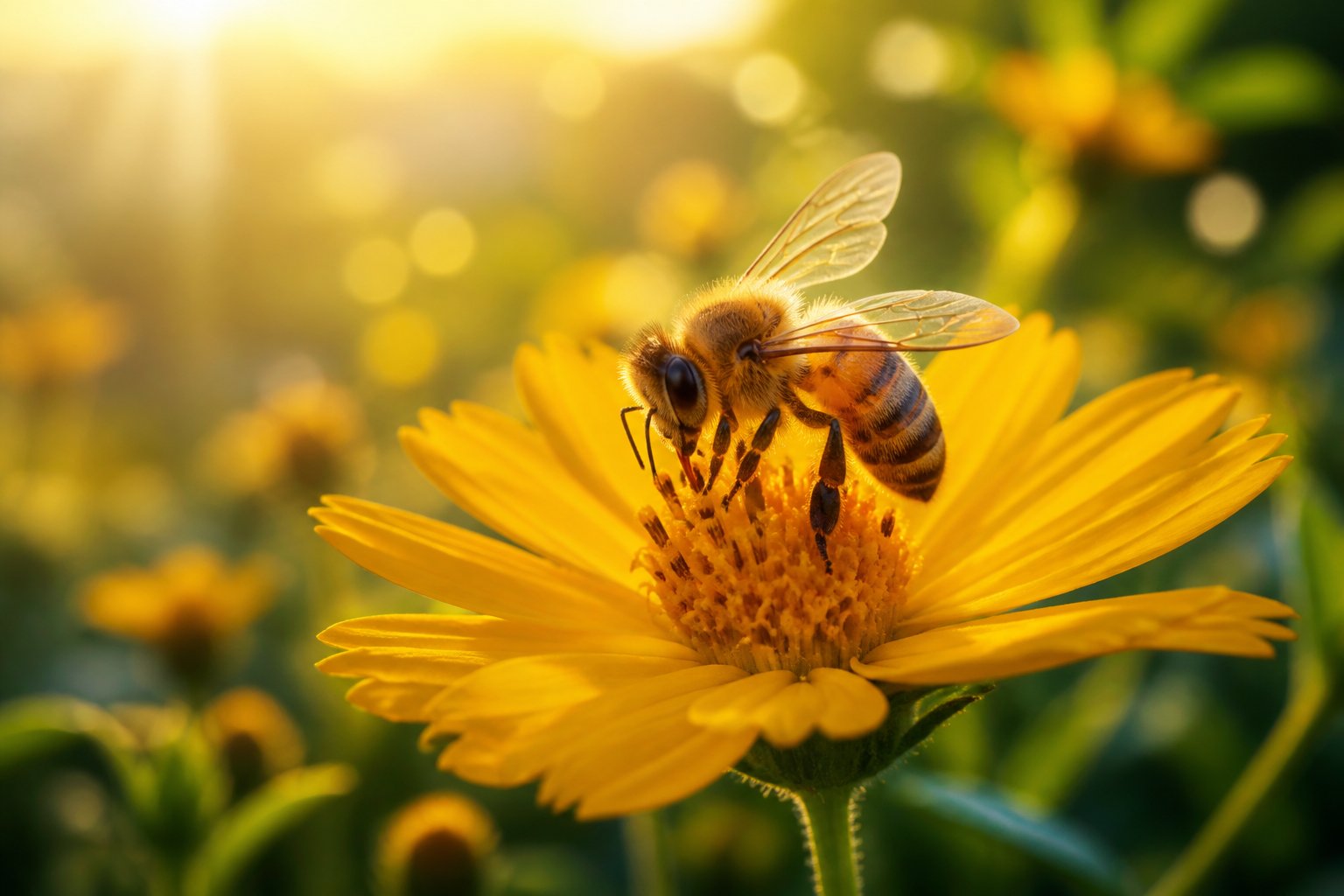 A close-up of a bee resting on a yellow flower in a sunlit meadow with green leaves in the background.