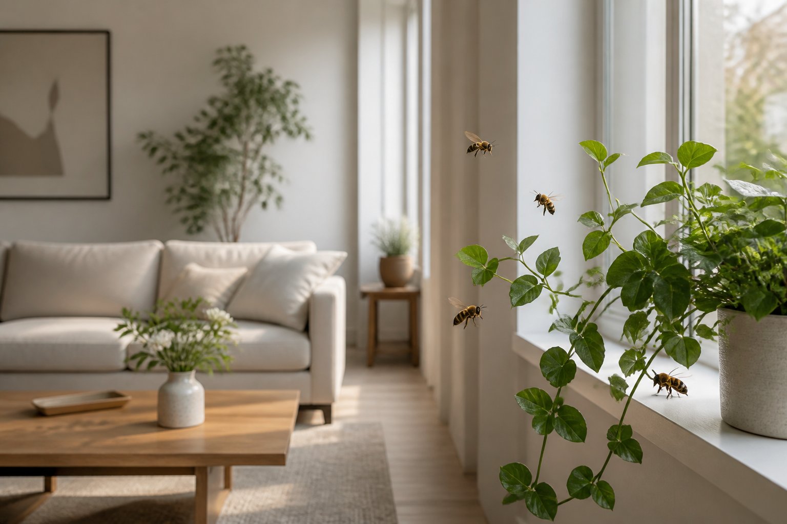 A living room with bees flying near indoor plants and a window.