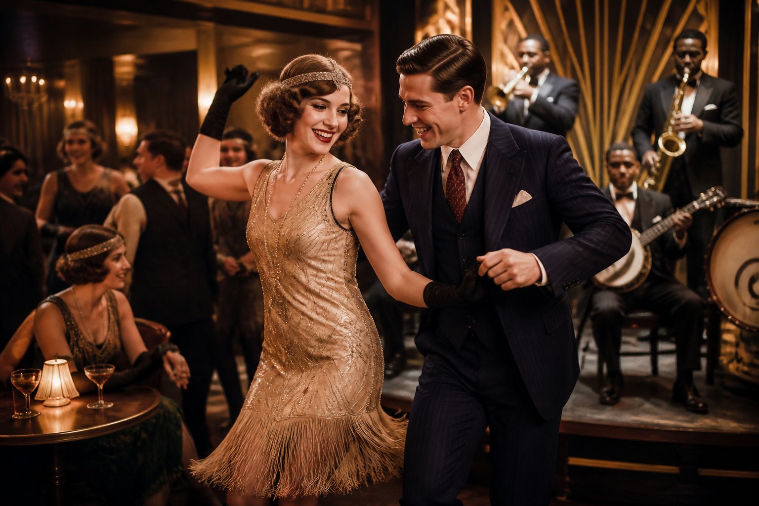 A young man and woman dressed in 1920s clothing dancing happily in a jazz club with a live band playing in the background.