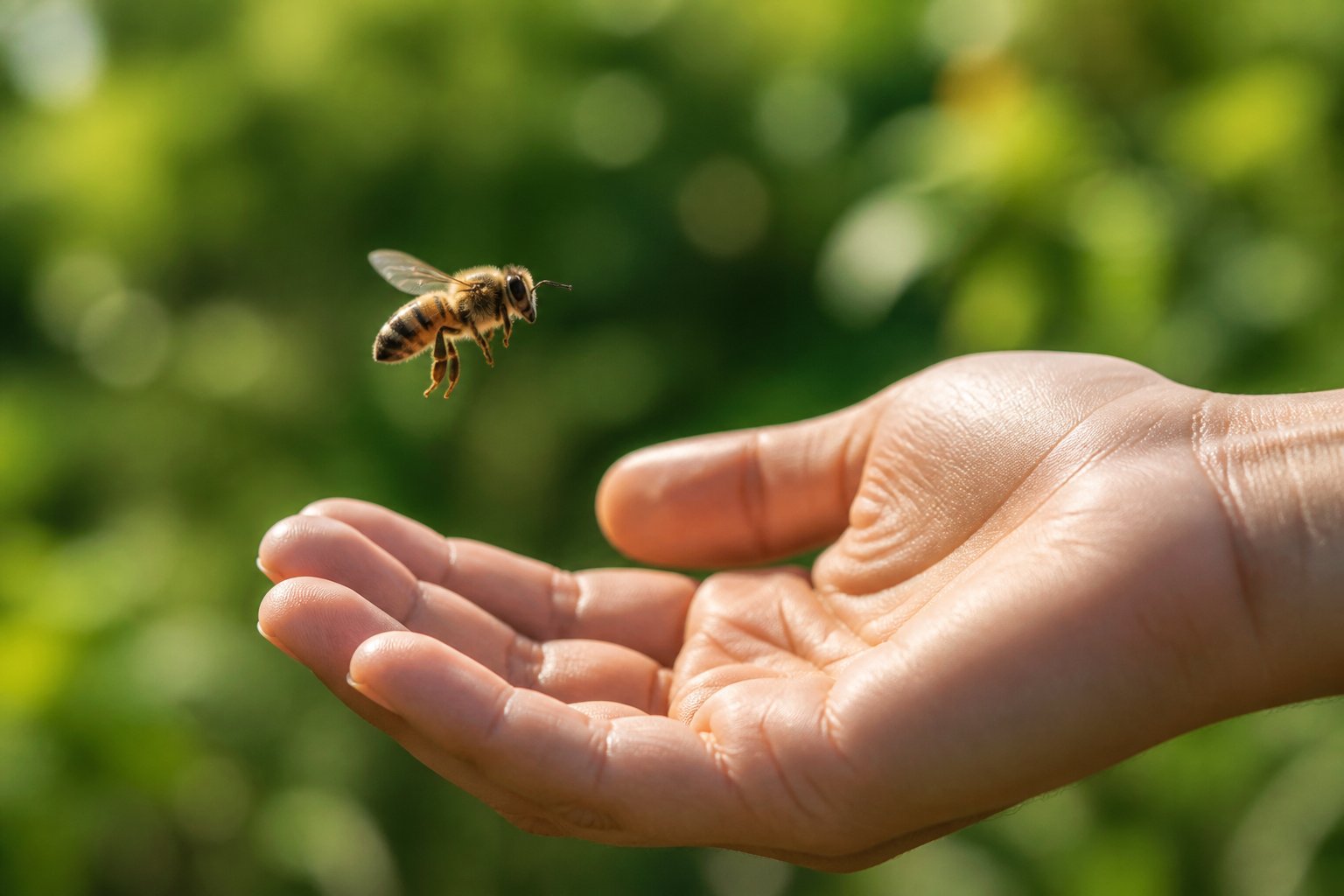 A bee flying close to a person's open hand outdoors with green plants in the background.