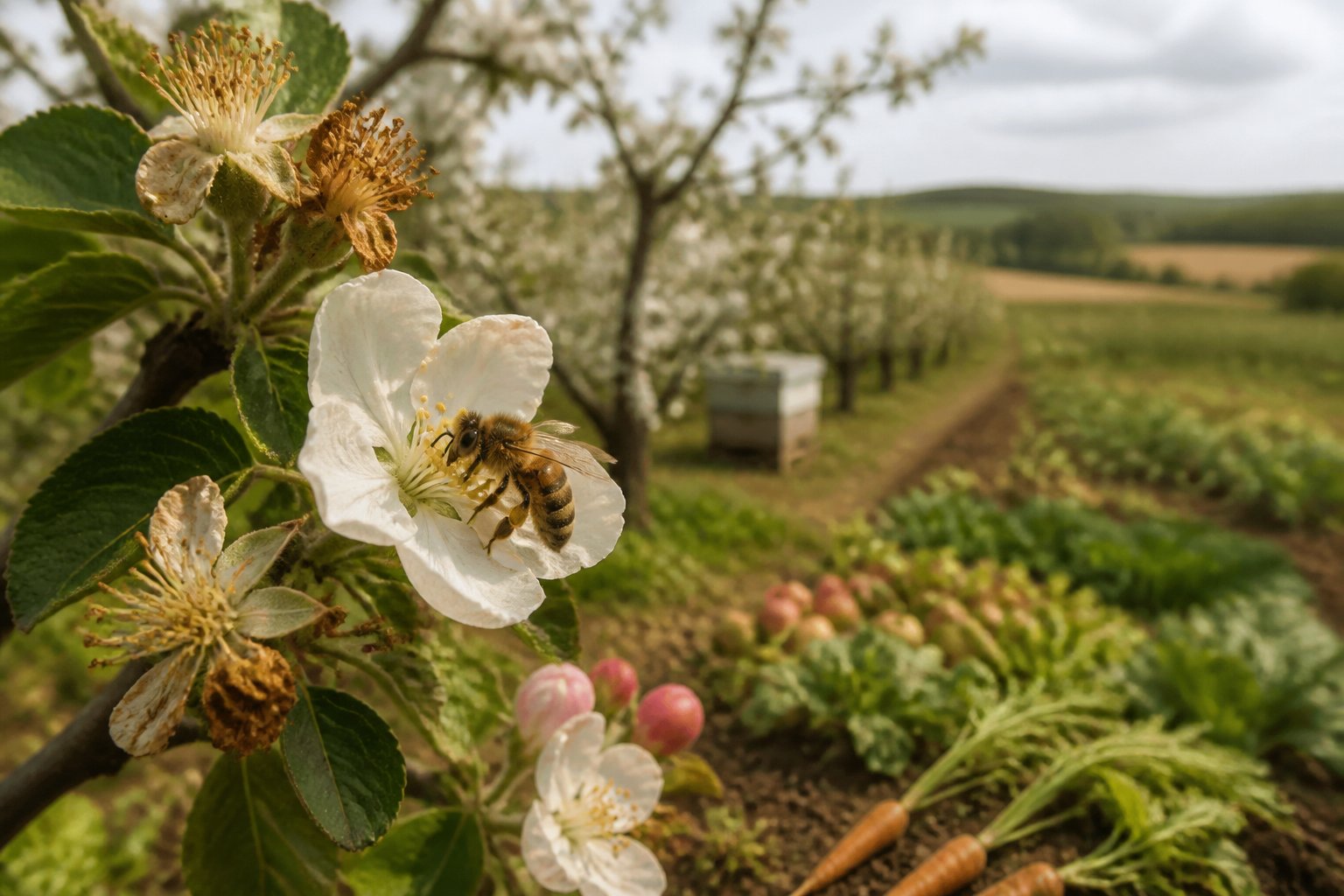 A close-up of a solitary bee on a flower in an orchard with some wilting flowers and nearby fruit trees and crops.