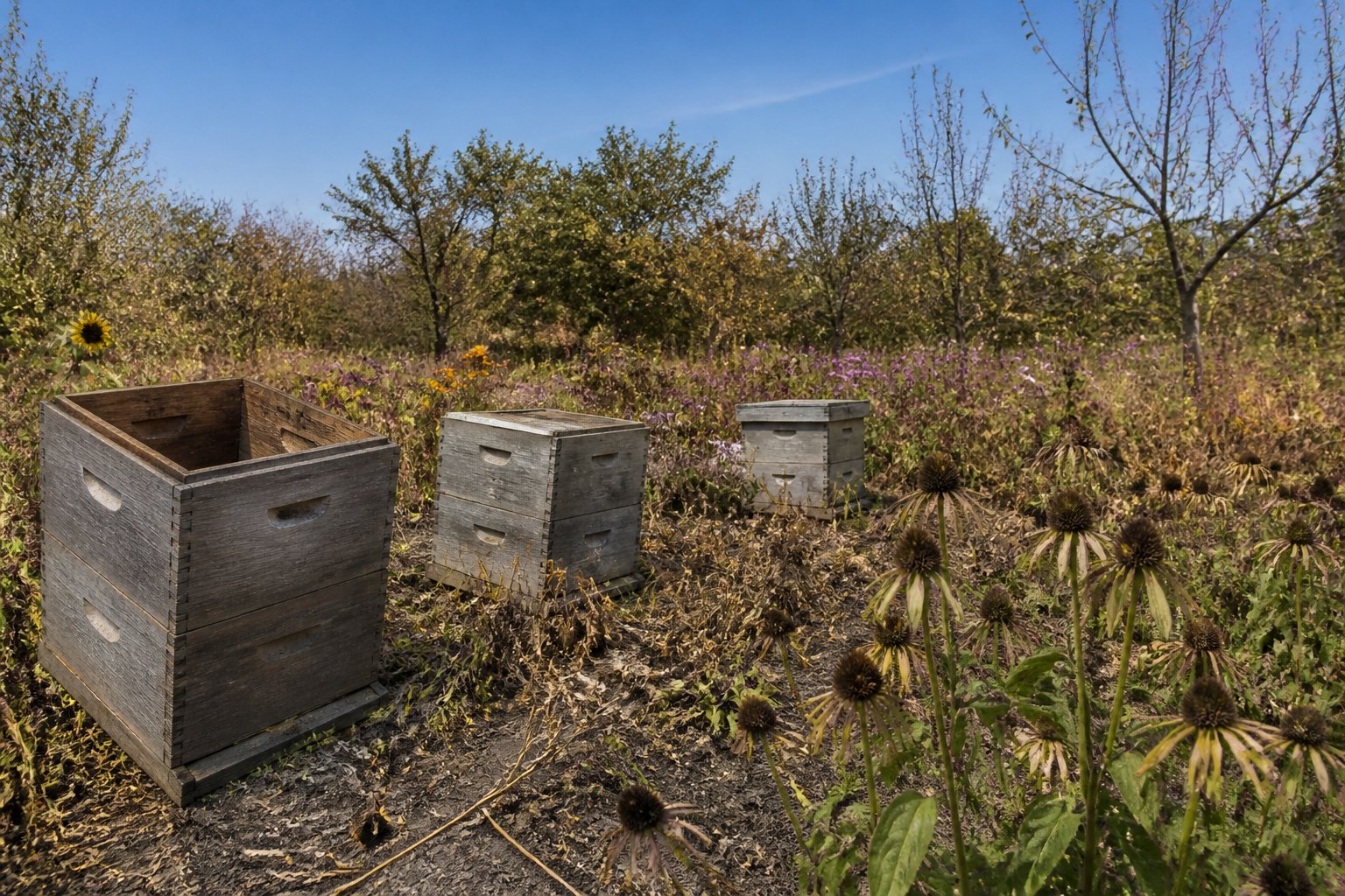 A meadow with wilting flowers, empty bee hives, and dead bees on the ground, showing a natural ecosystem struggling without bees.