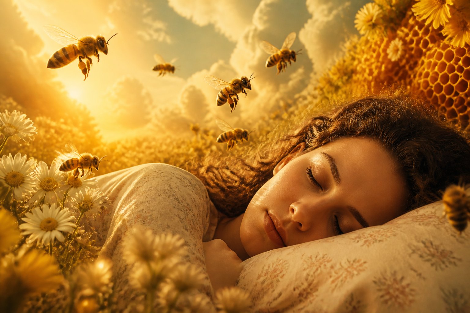 A person sleeping peacefully surrounded by bees flying near flowers and honeycombs in a calm, dreamlike setting.
