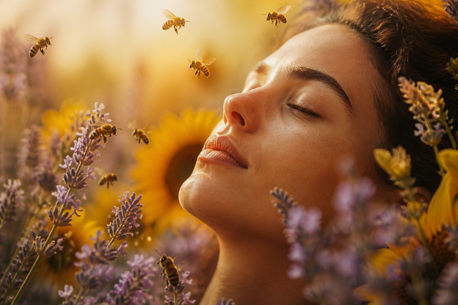 Close-up of a peaceful person with closed eyes surrounded by bees flying near blooming flowers in a calm, warm setting.