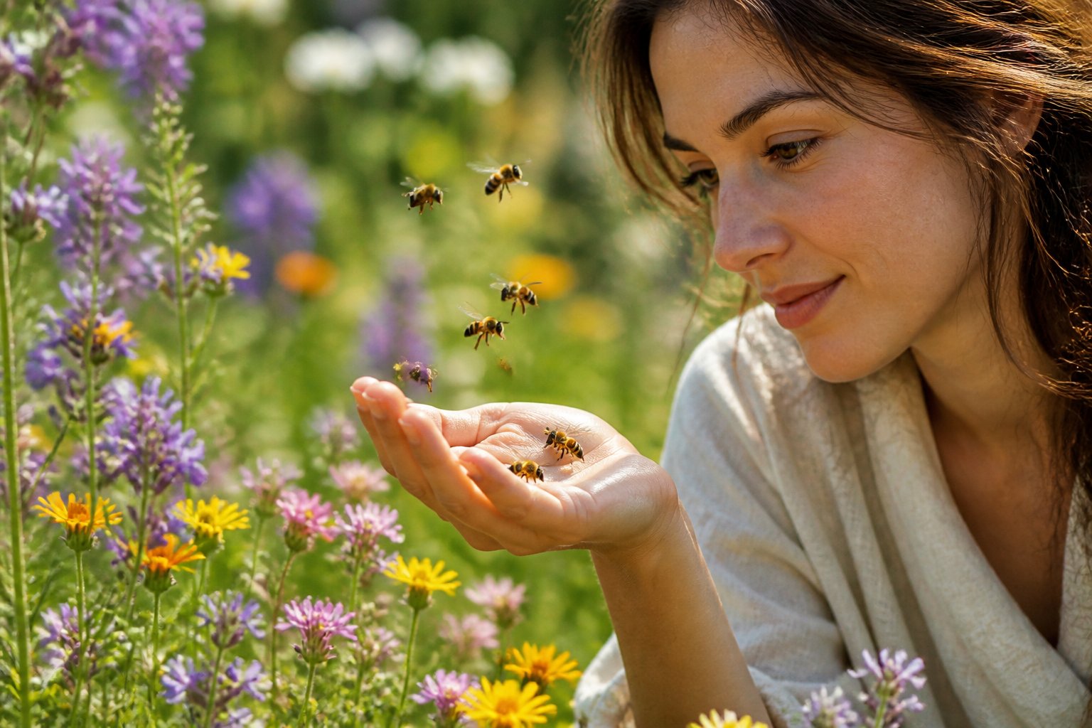 A person outdoors with bees hovering around their hand and nearby flowers in a sunny garden.