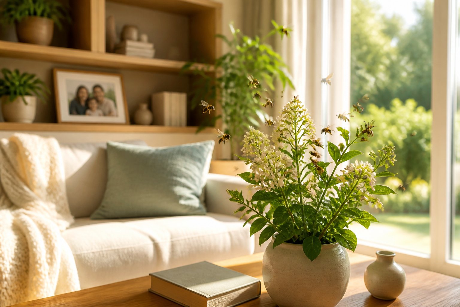 A sunlit living room with bees flying near a blooming indoor plant on a coffee table, with a family photo and books in the background.