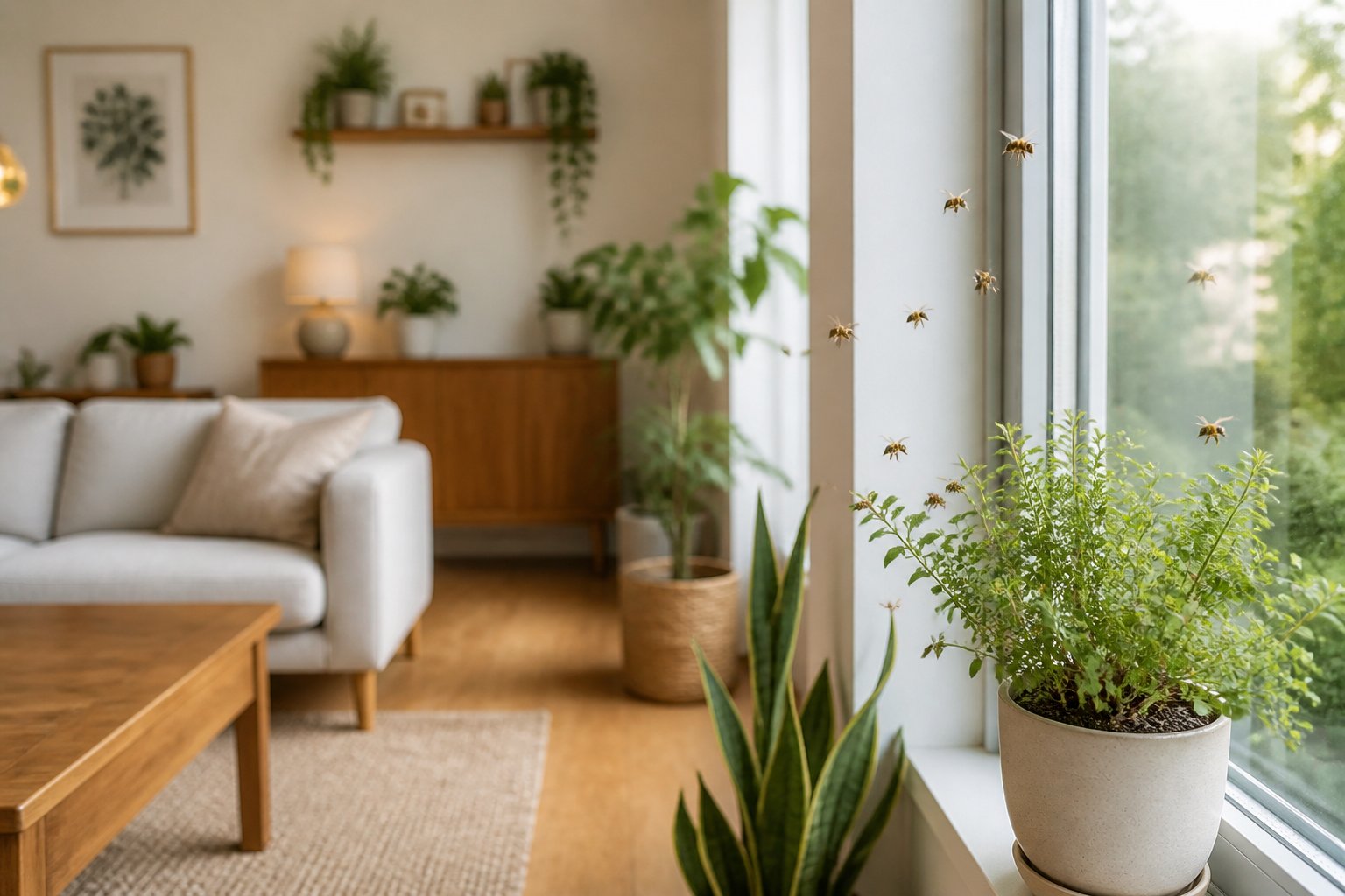 A bright living room with bees near a window and indoor plants, showing bees inside a house.