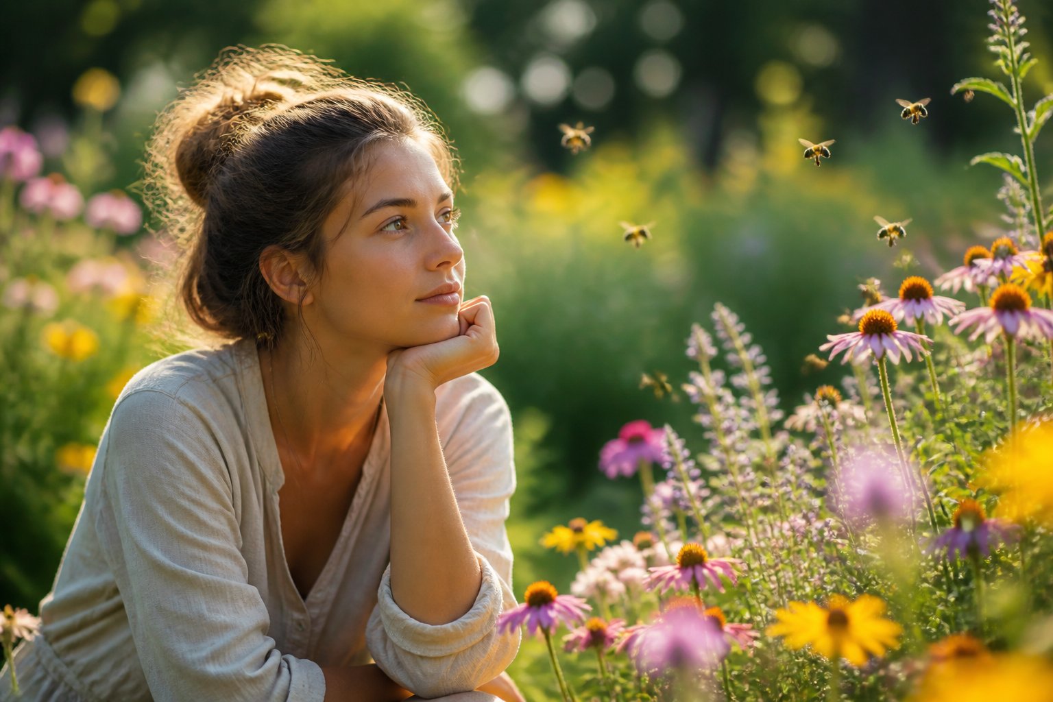 A person sitting in a flower-filled garden with bees flying nearby, looking thoughtful and reflective.