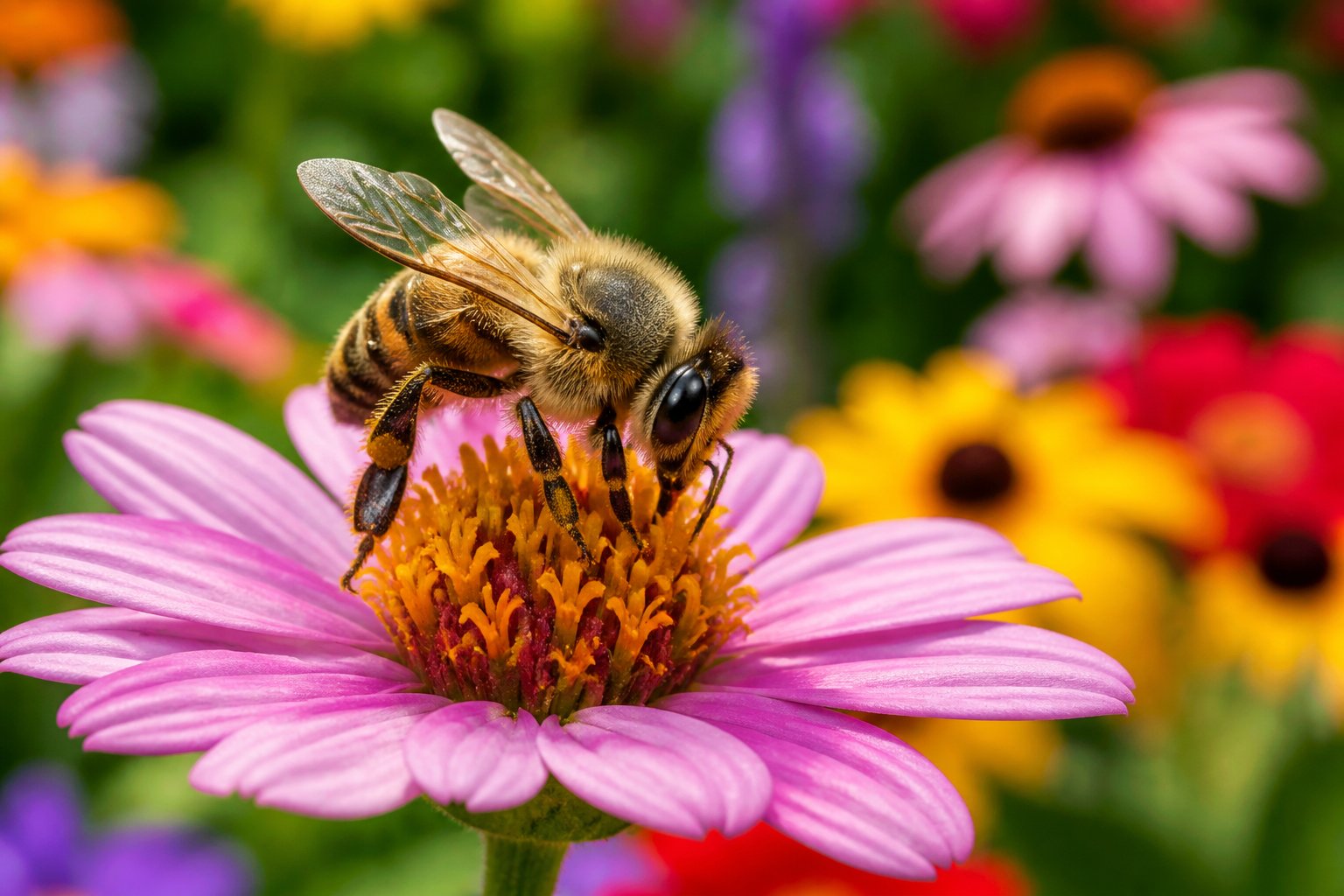 A honeybee resting on a flower surrounded by colorful blossoms and green leaves.