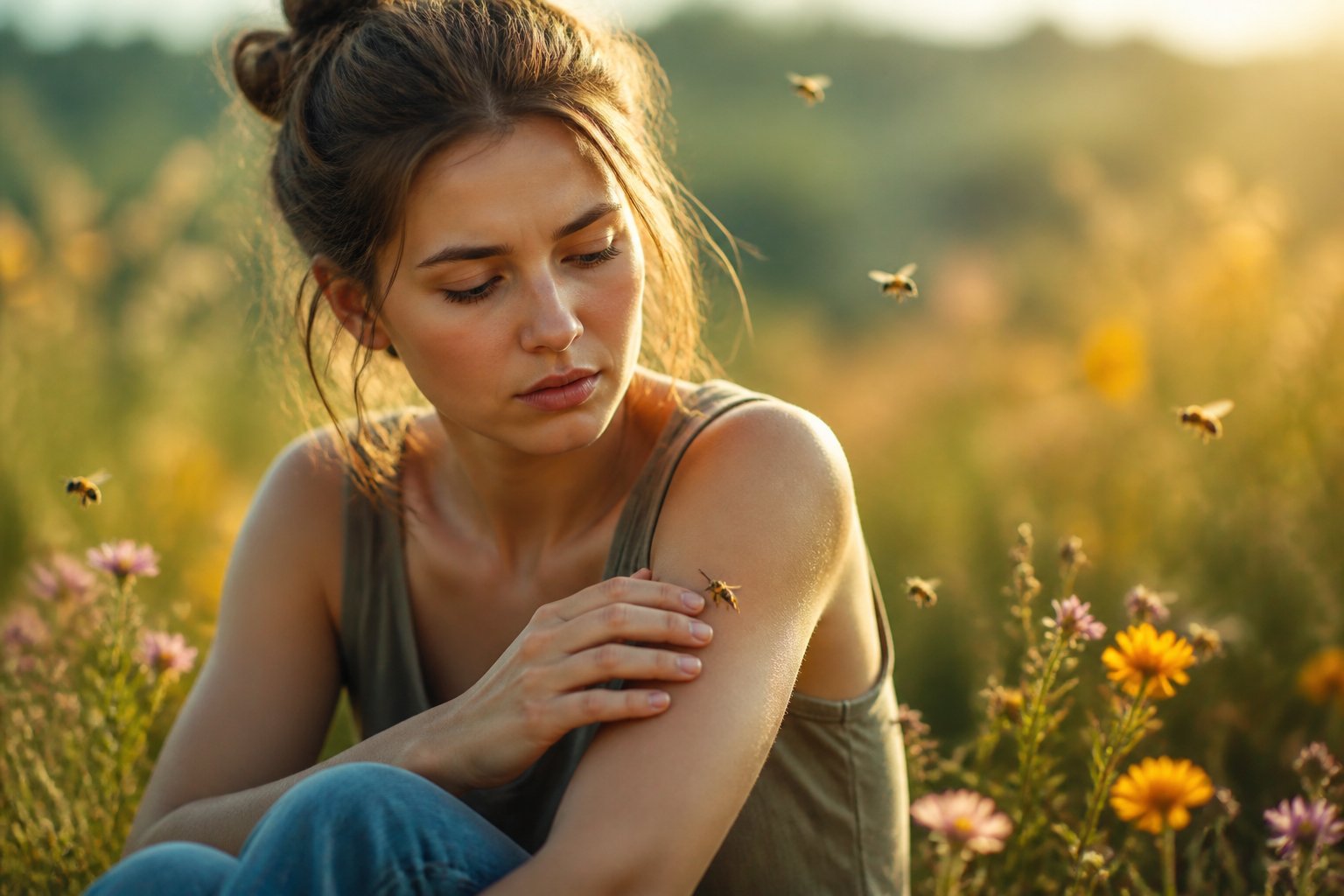 A young woman sitting outdoors in a sunlit meadow with bees hovering near her arm, looking thoughtful and calm.