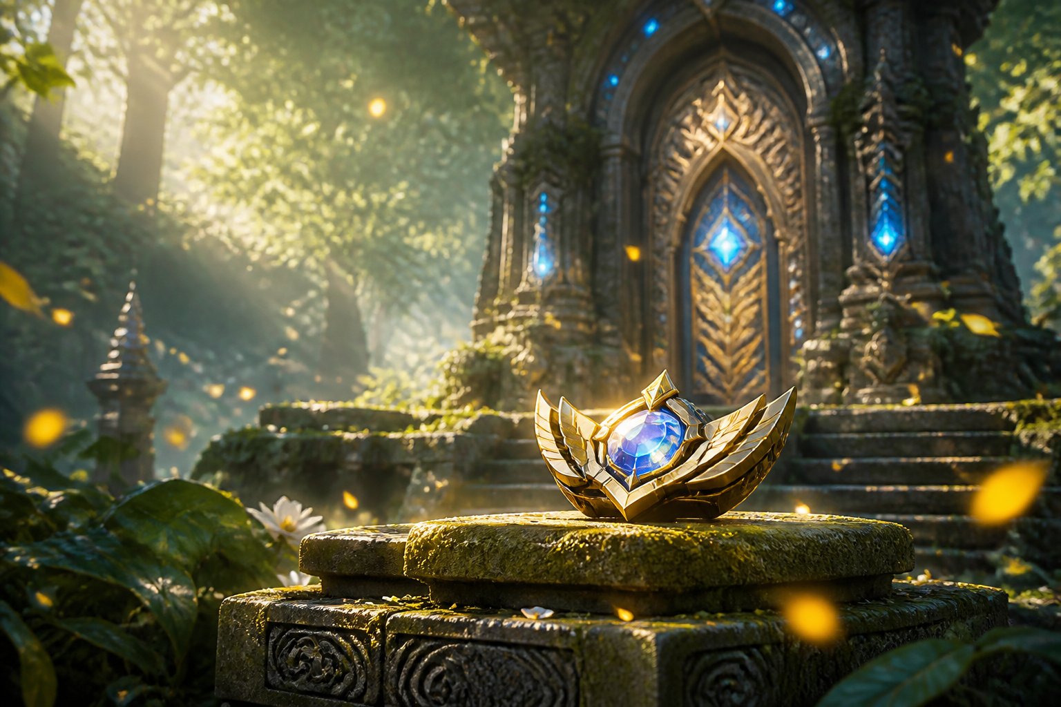 An ancient stone shrine surrounded by greenery with glowing accents and a gentle breeze stirring glowing particles, alongside an ornate badge on a mossy pedestal.