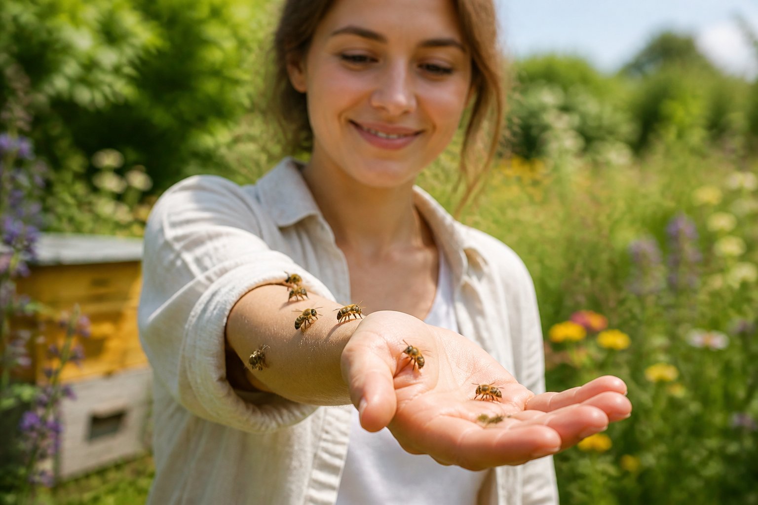 A person outdoors calmly letting bees land on their hand and arm in a garden setting.