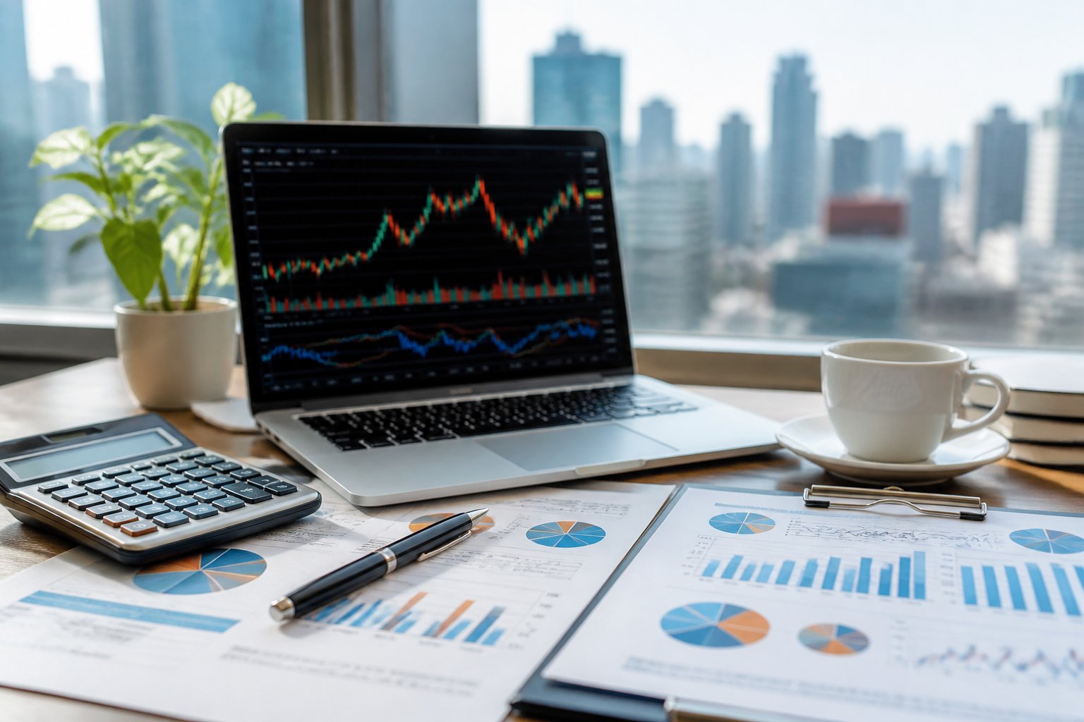 A desk with a laptop showing stock charts, financial documents, a calculator, and a coffee cup in a bright office with a city view.