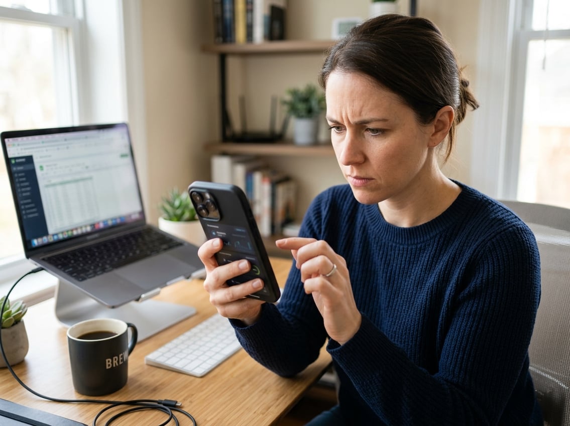 Person holding a smartphone with a concerned look, examining the screen closely in a well-lit room with a desk and laptop in the background.