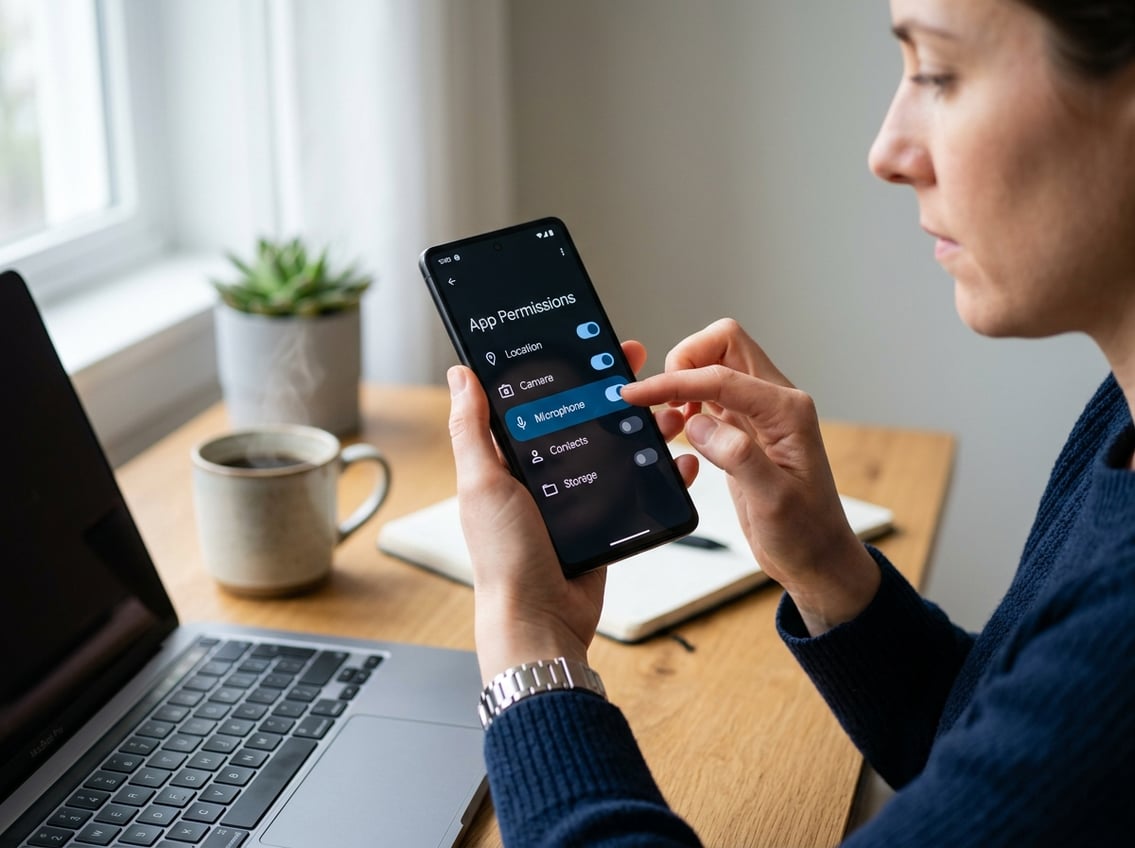 A person holding a smartphone and examining app permissions and privacy settings on the screen.