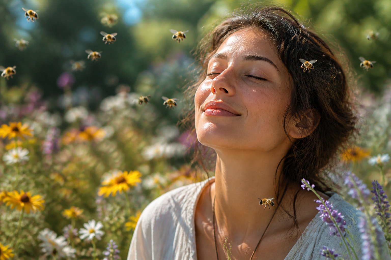 A person in a garden surrounded by bees flying around them among blooming flowers.