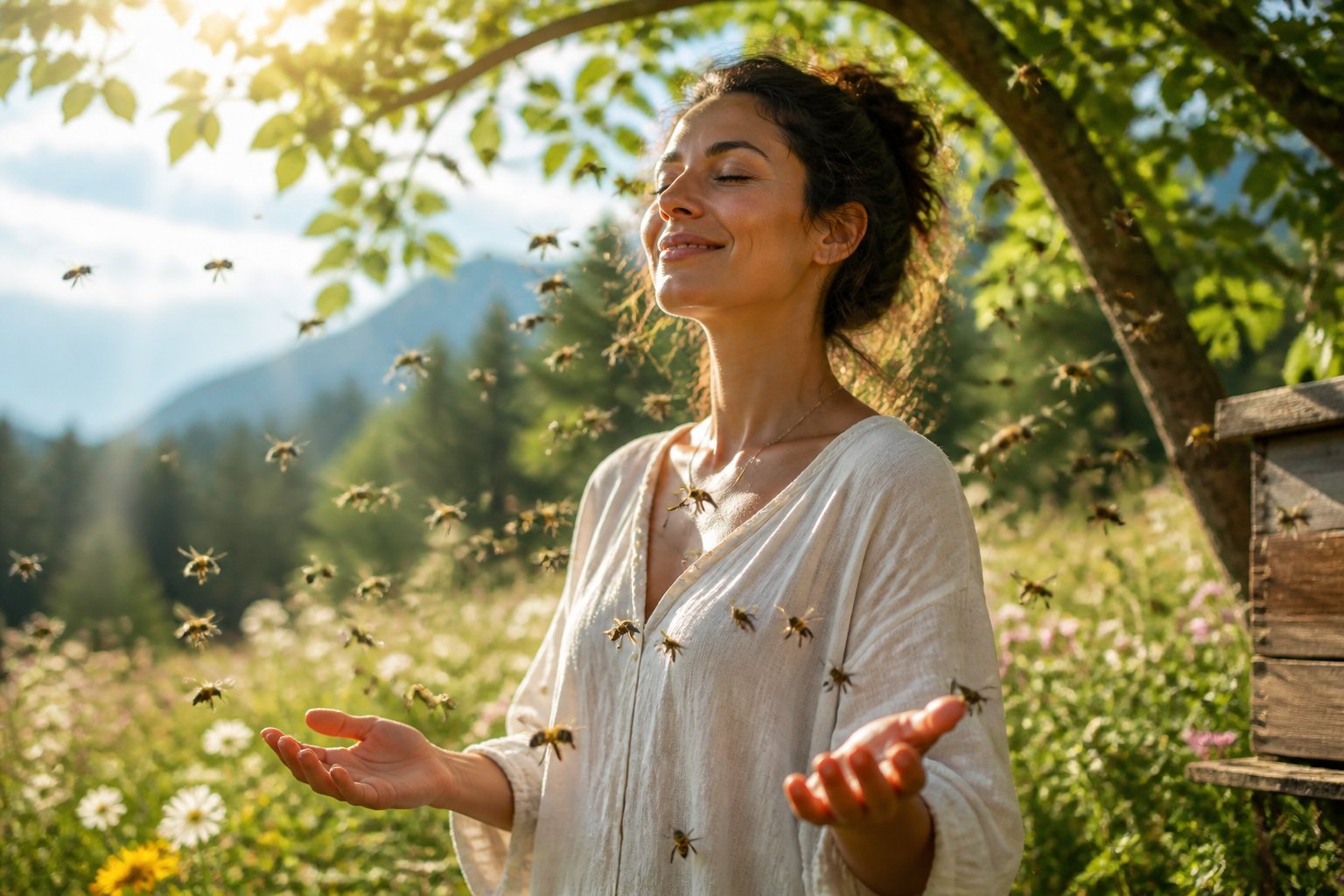 A person standing calmly outdoors surrounded by bees hovering peacefully around them among trees and wildflowers.