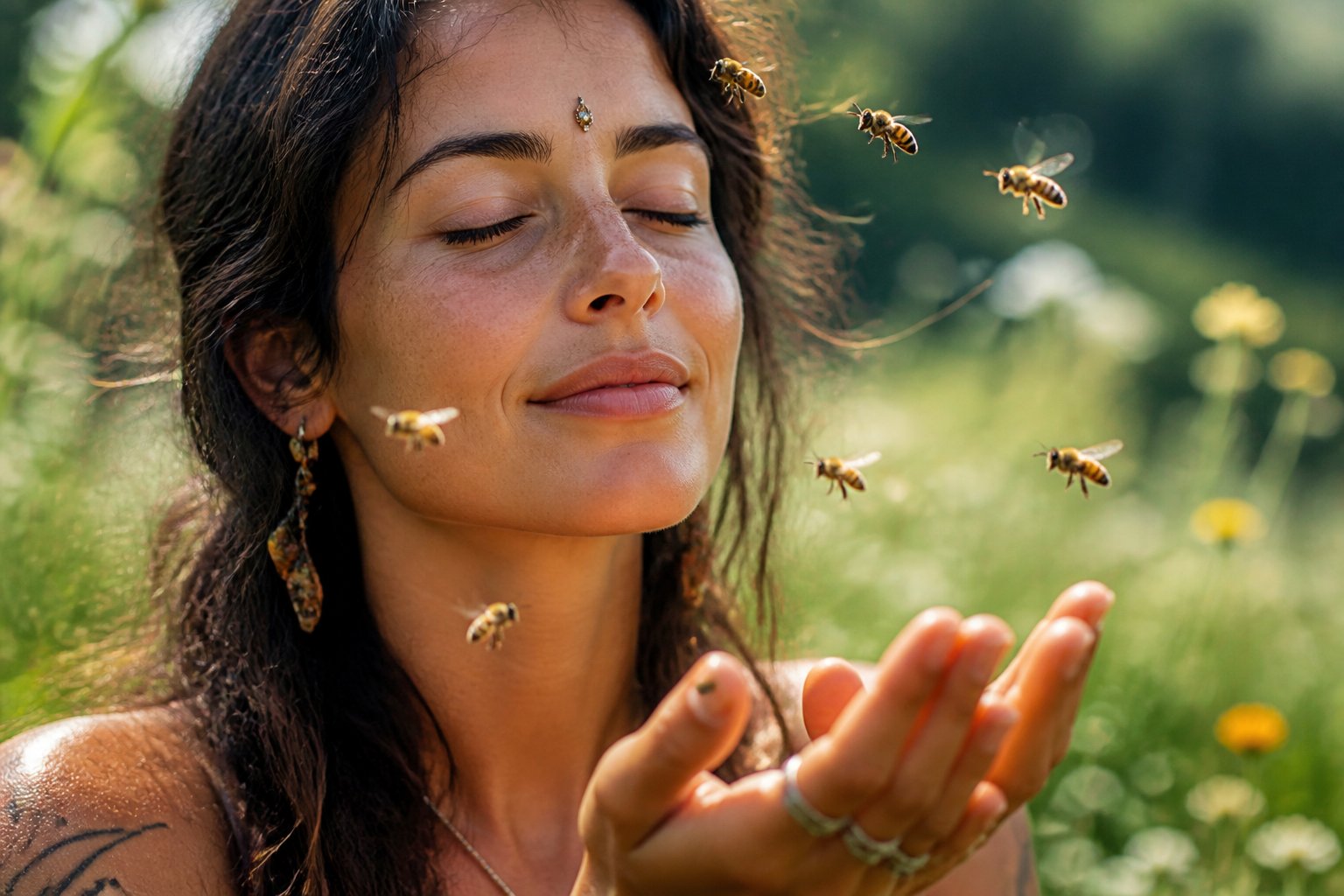 A peaceful woman outdoors with bees gently hovering around her face and hands in a green meadow with wildflowers.