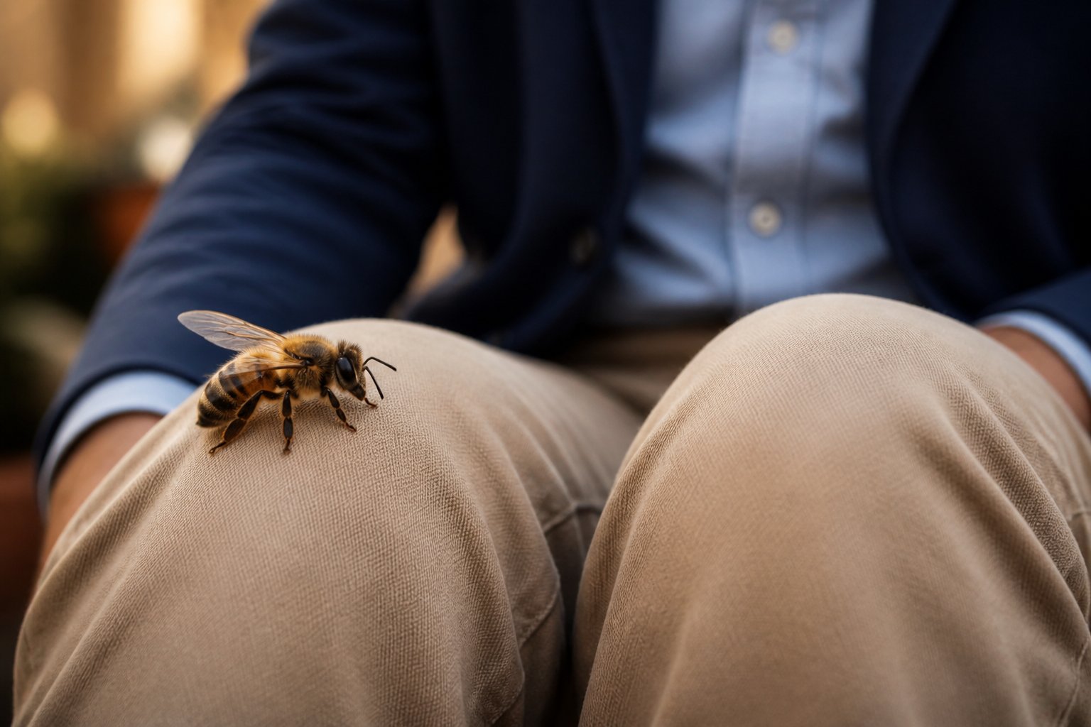 A close-up of a honeybee sitting on a person's bent knees dressed in smart casual clothing.