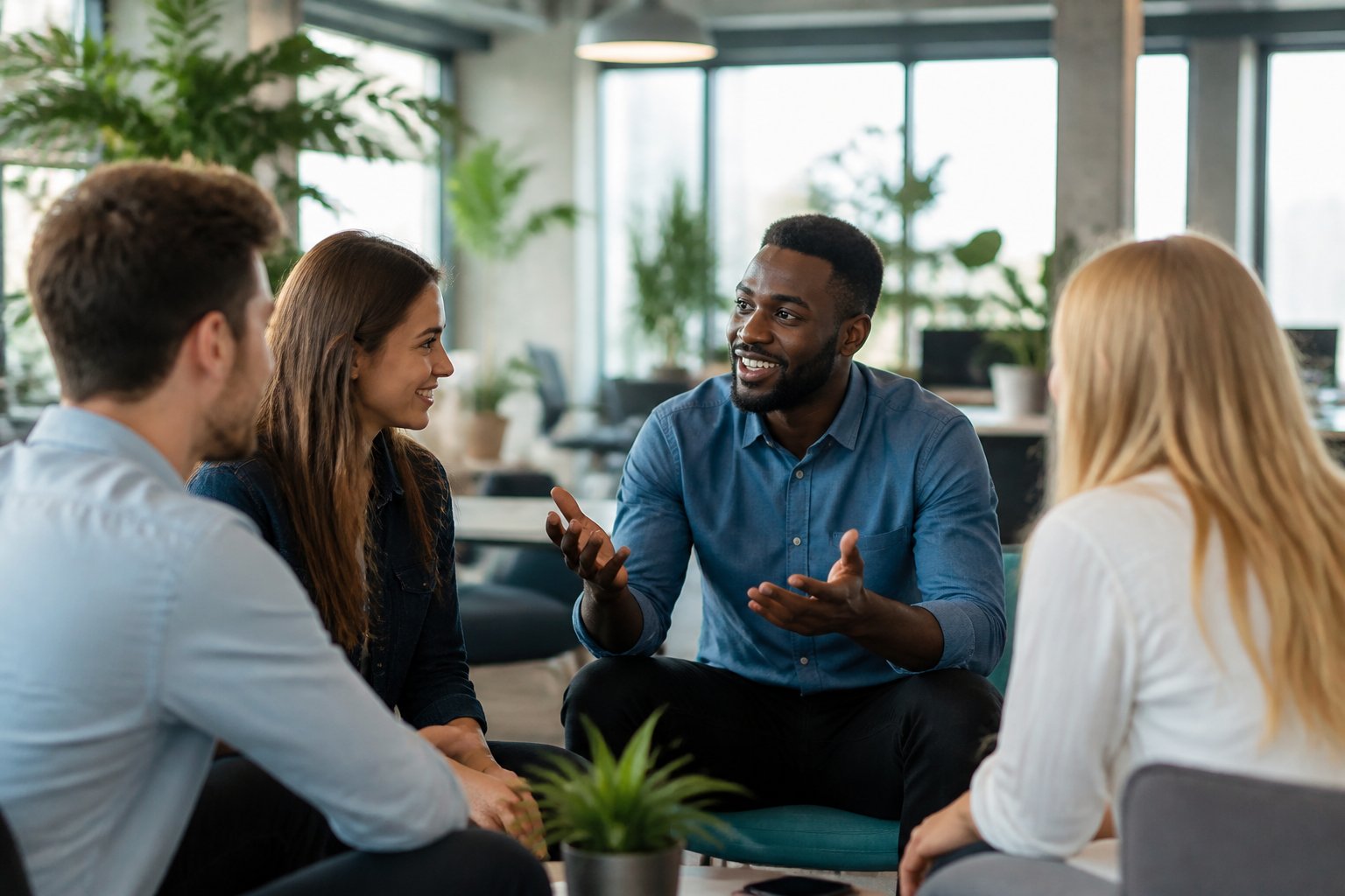 A group of young professionals having a lively and friendly conversation in a bright office with natural light and plants.
