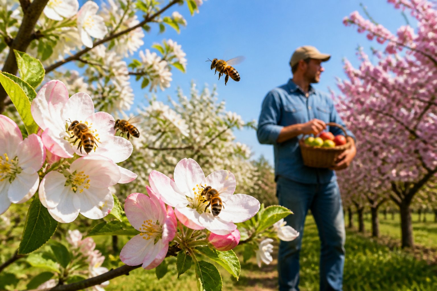 A blooming orchard with bees pollinating flowers and a farmer harvesting fruit.