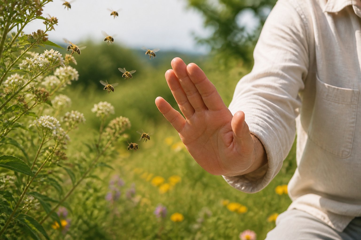 A person outdoors gently waving their hand near a small group of bees flying around flowers.