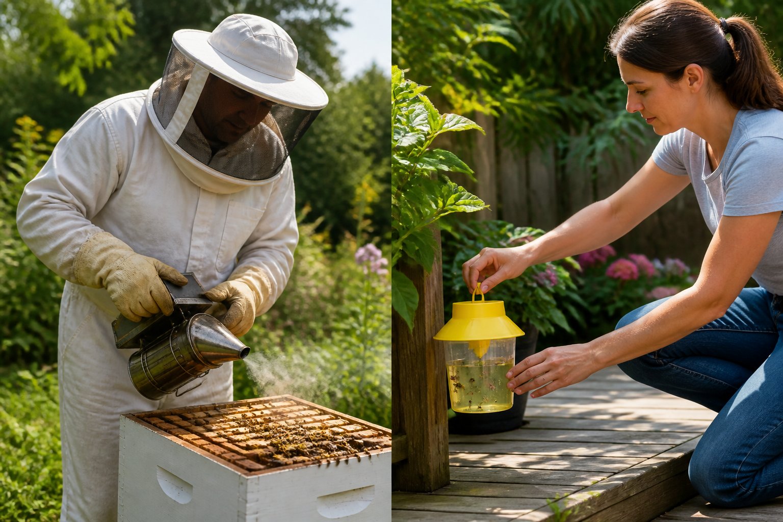 A person in protective gear using a bee smoker near a beehive and another person placing a wasp trap outdoors in a garden.